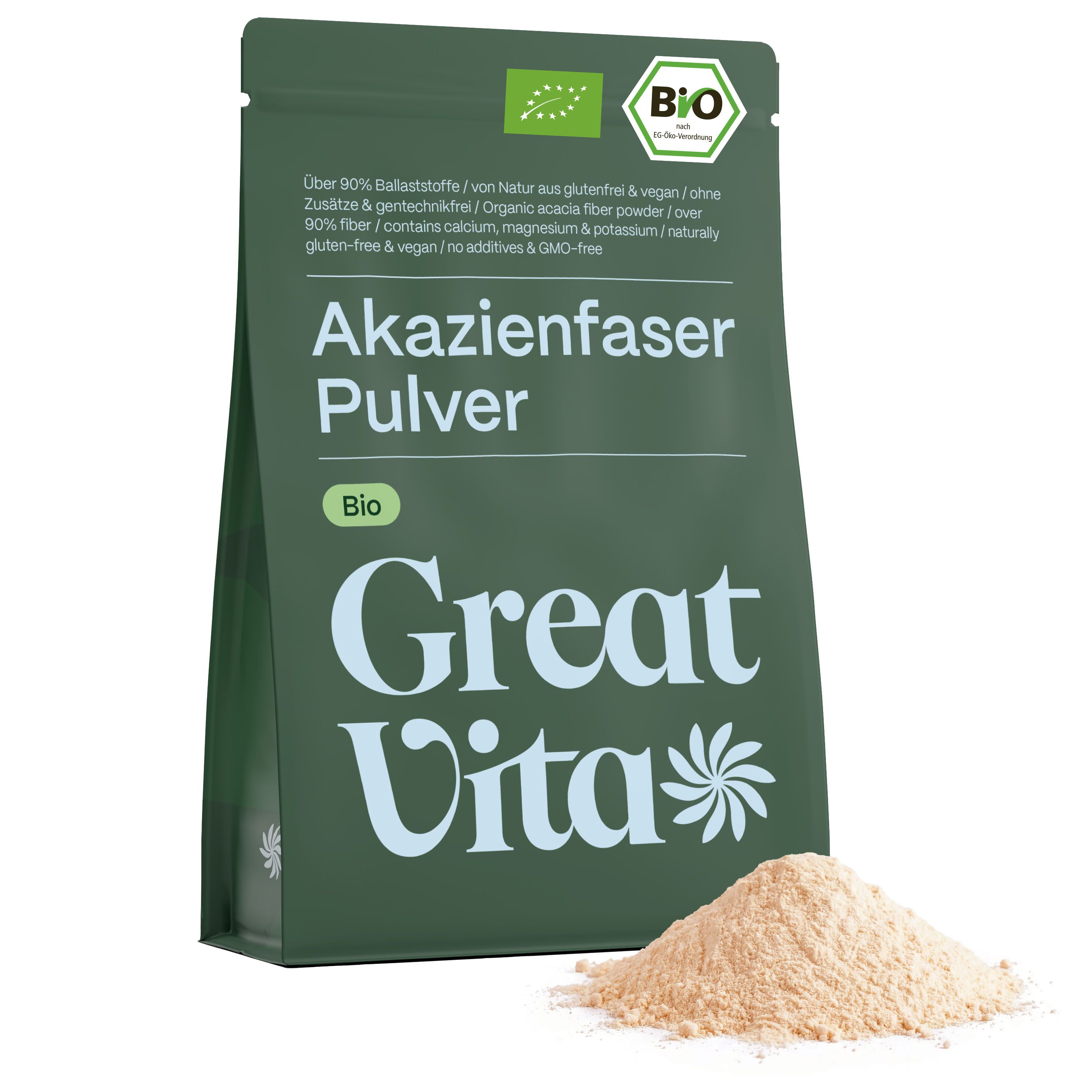 Grüne Verpackung mit 'Akazienfaser Pulver Bio' und 'Great Vita' Logo. Pulver daneben. Bio-Siegel.