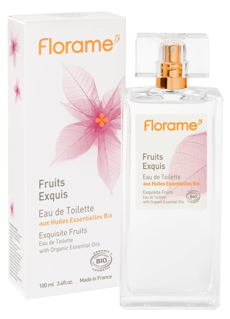 Florame Eau de Toilette Fruits Exquis. Flakon und Verpackung. Aufschrift: Bio, Eau de Toilette, mit ätherischen Ölen. Made in France.