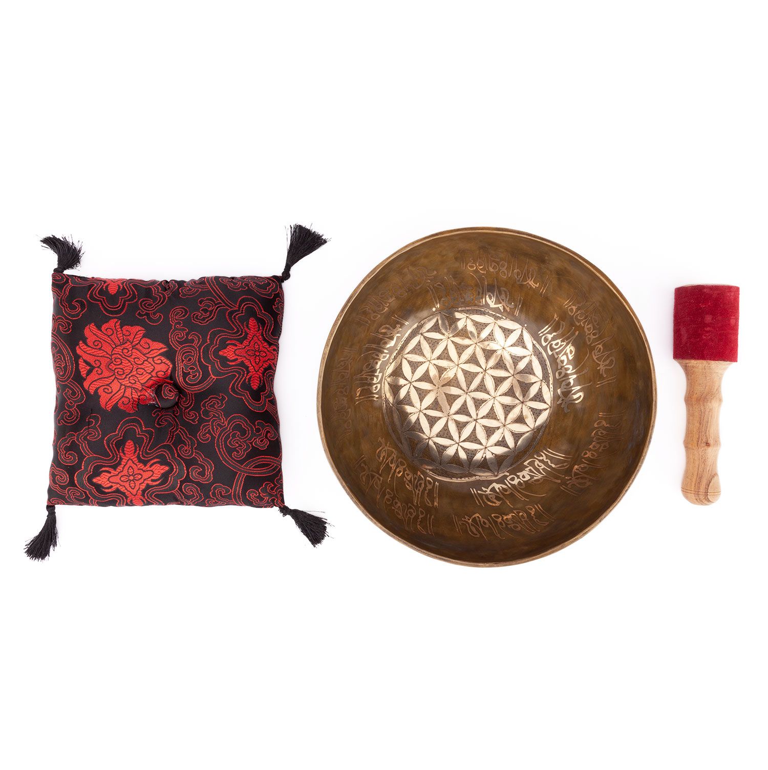 Klangschale, Kissen und Schlägel. Schale mit Blume des Lebens Gravur, Kissen mit rotem Muster, Schlägel mit Holzgriff und rotem Kopf.