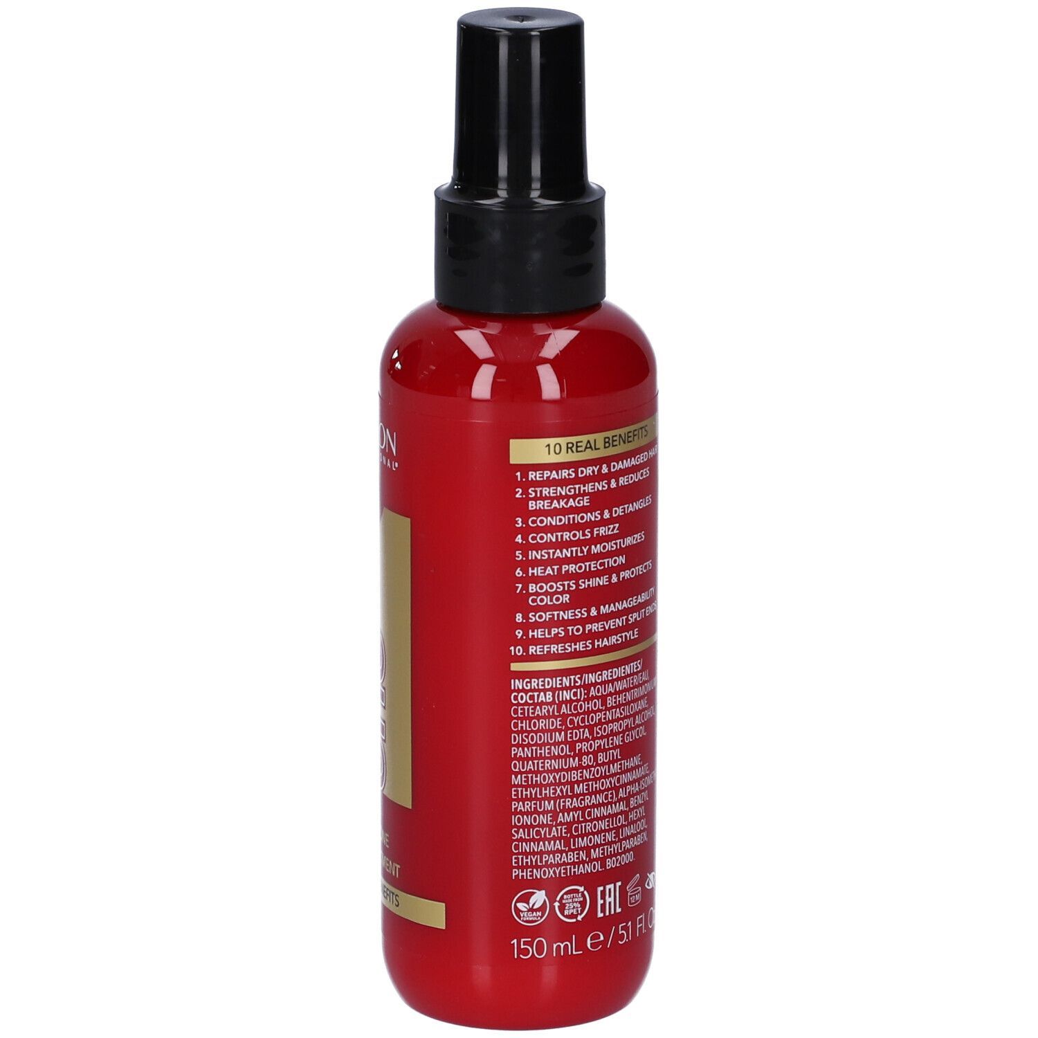 Rote Flasche mit schwarzem Sprühkopf. Aufschrift: Uniq One, All in One Hair Treatment. Goldene Nummer 1.