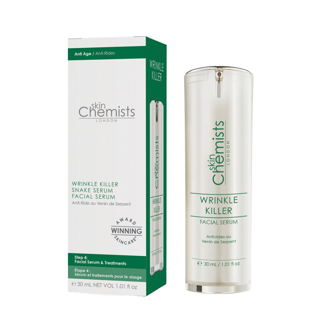Serumflasche und Verpackung. Aufschrift: skinChemists, Wrinkle Killer Facial Serum. Enthält 30 ml. Auszeichnung.