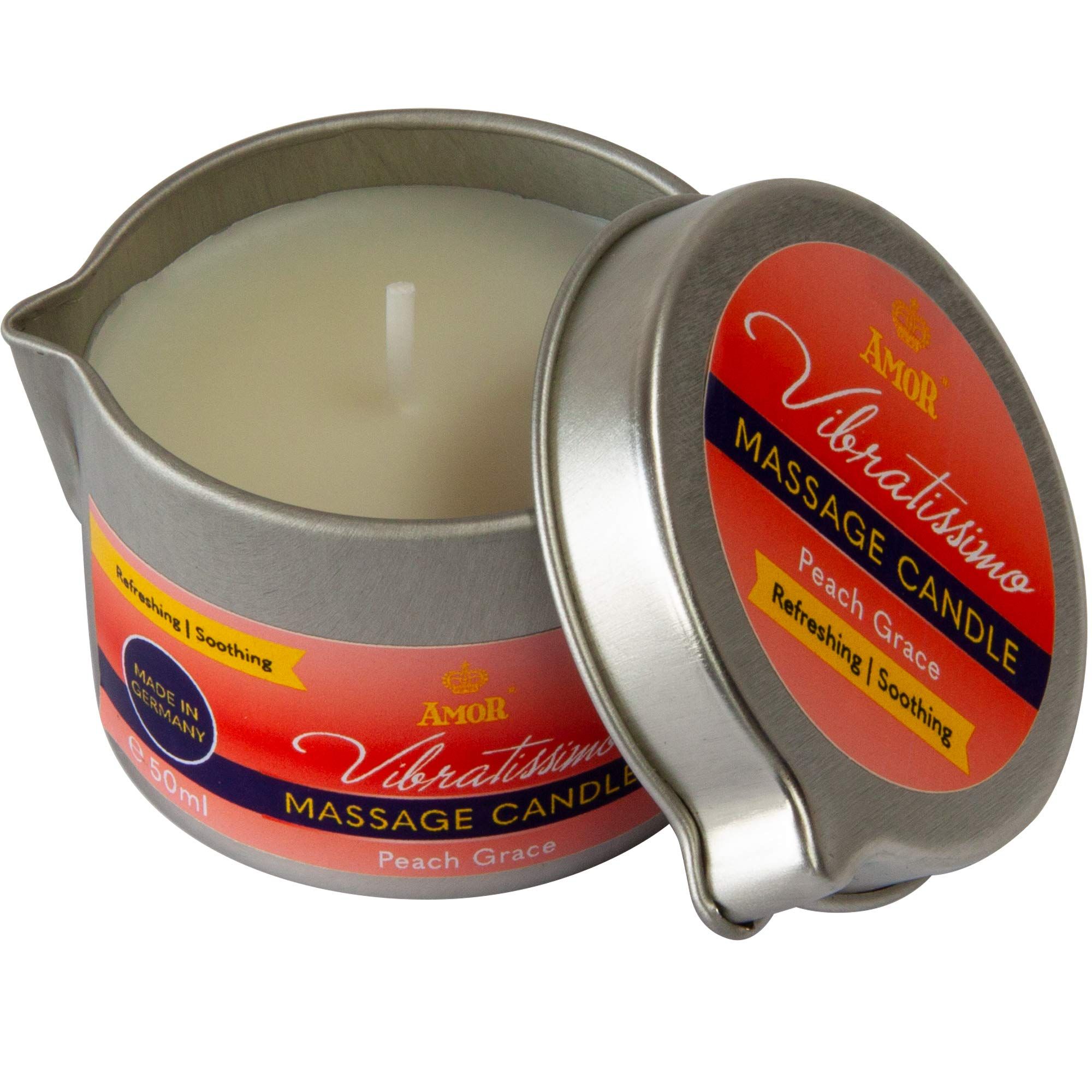 Vibratissimo Massagekerze Peach Grace in Metalldose, geöffnet.