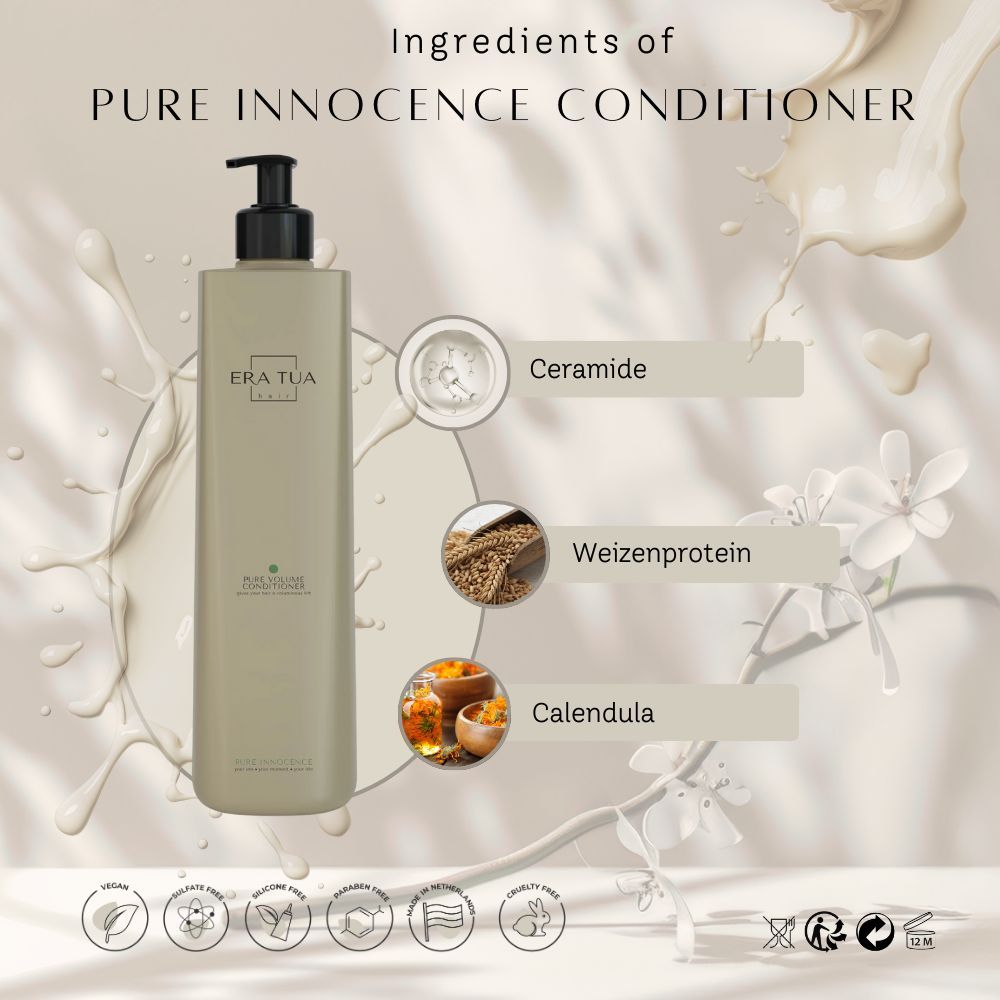 Beige Flasche mit schwarzem Pumpverschluss. Text: Era Tua, Pure Innocence Conditioner. Inhaltsstoffe: Ceramide, Weizenprotein, Calendula. Vegan-Siegel.