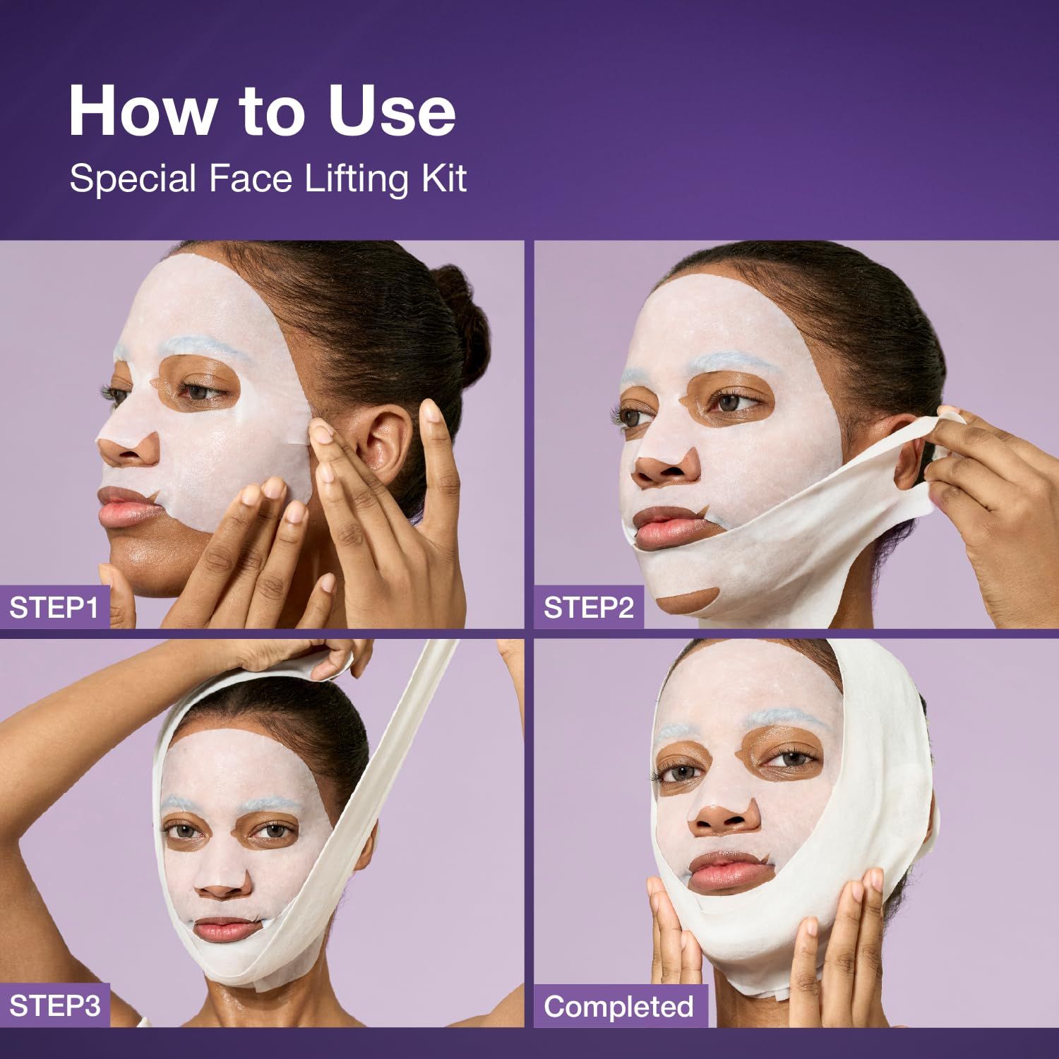Anleitung zur Anwendung. 4 Schritte: Maske auftragen, anpassen, Kinnband anbringen, fertig. Gesicht mit Maske.