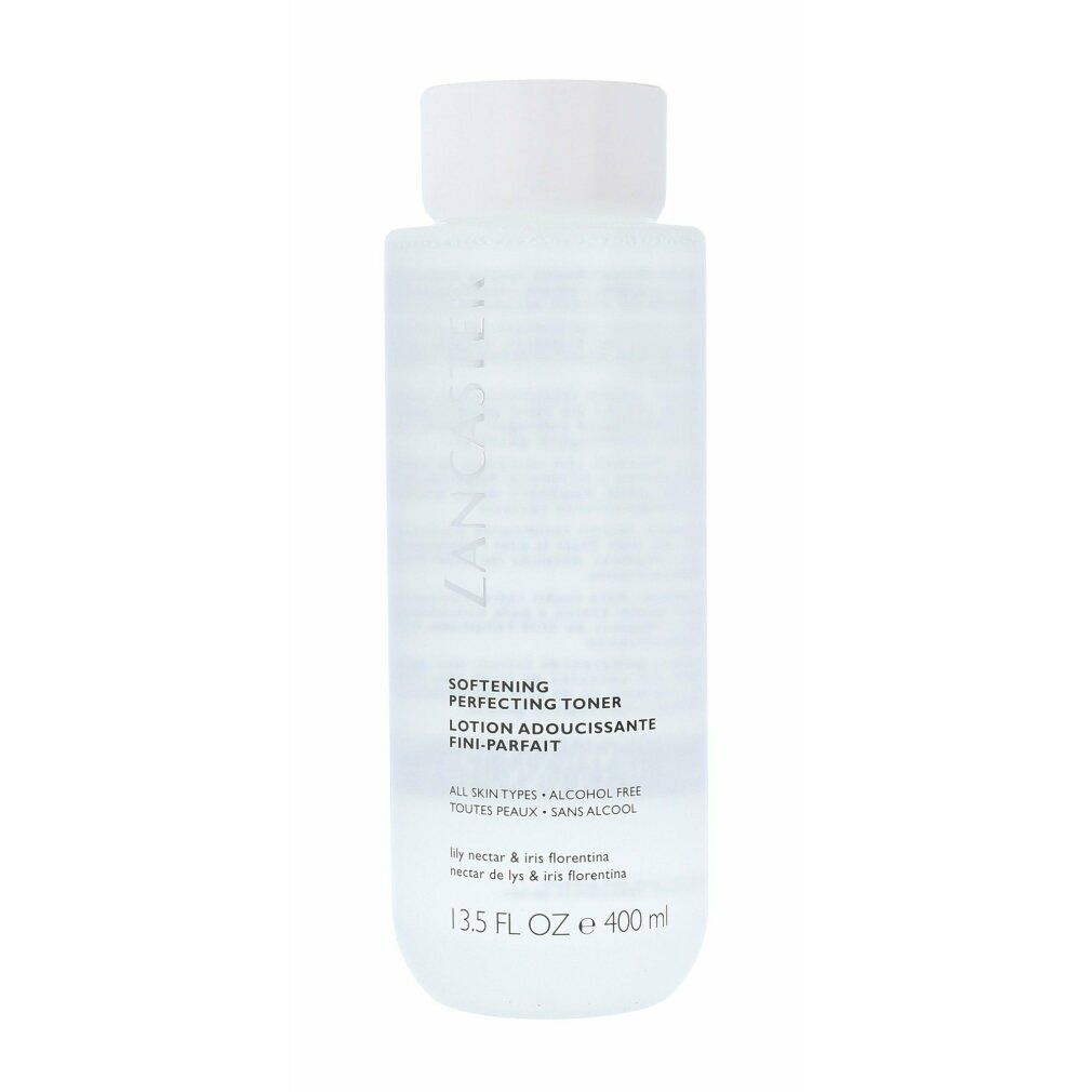 Zylindrische Flasche mit weißem Deckel. Aufschrift: Lancaster, Softening Perfecting Toner, 13.5 FL OZ, 400 ml.
