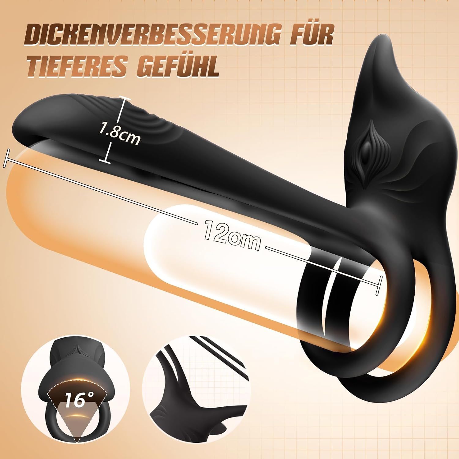 Schwarzer Vibrator mit Maßen 12cm Länge, 1.8cm Dicke und 16° Winkel.