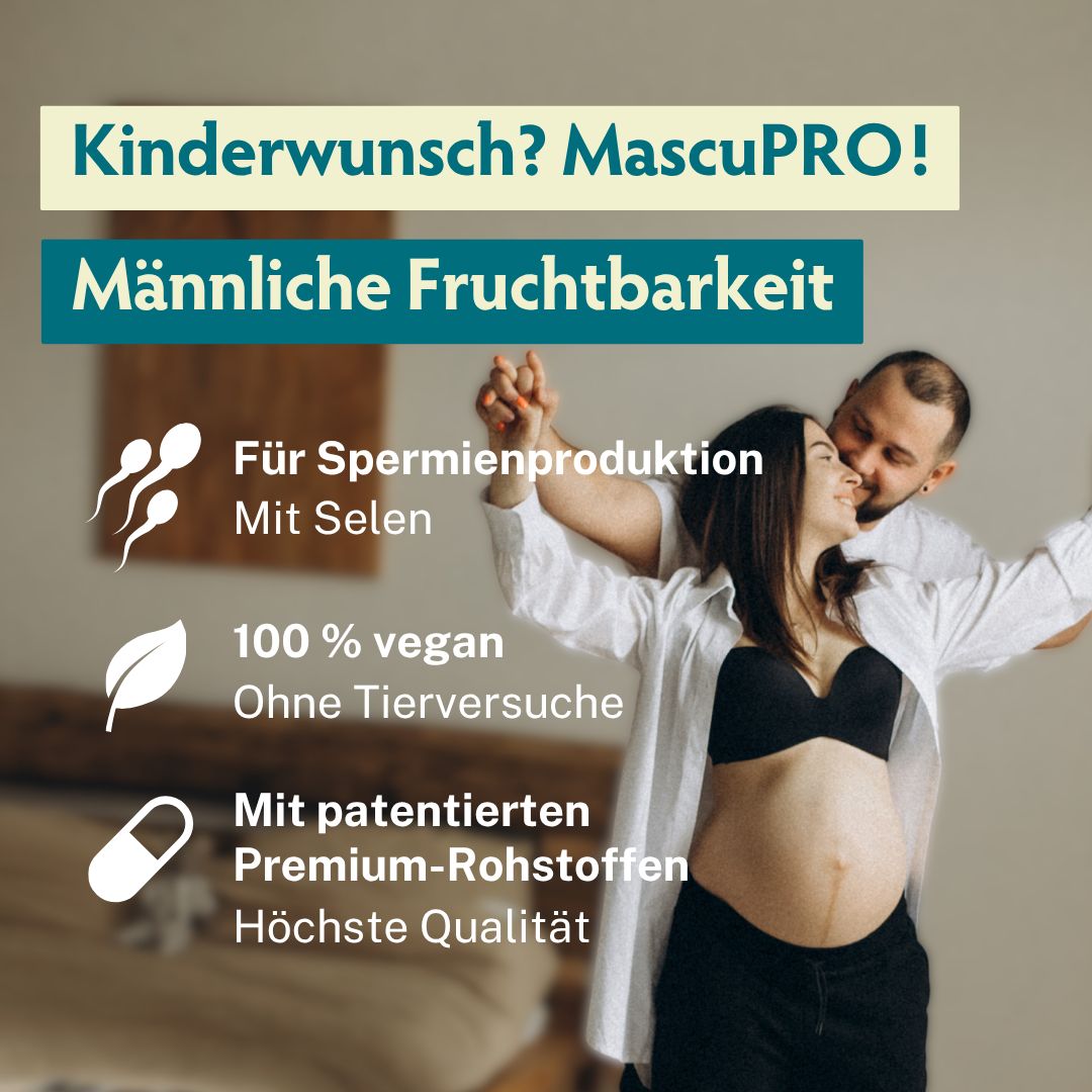Schwangeres Paar, daneben Symbole für Spermien, Blatt und Deutschlandkarte.