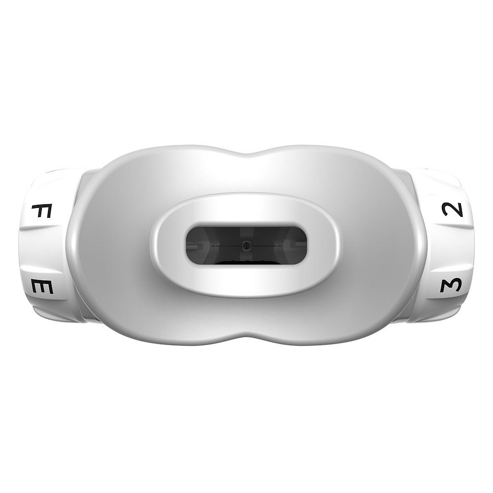 Draufsicht auf Atemtrainer. Weiß und grau. Mit Drehreglern und Mundstück.