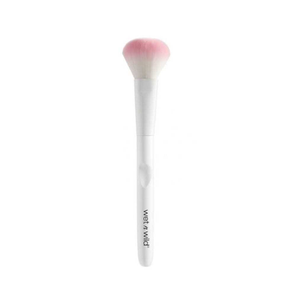 Weißer Make-up-Pinsel mit rosa-weißen Borsten und Markenschriftzug.