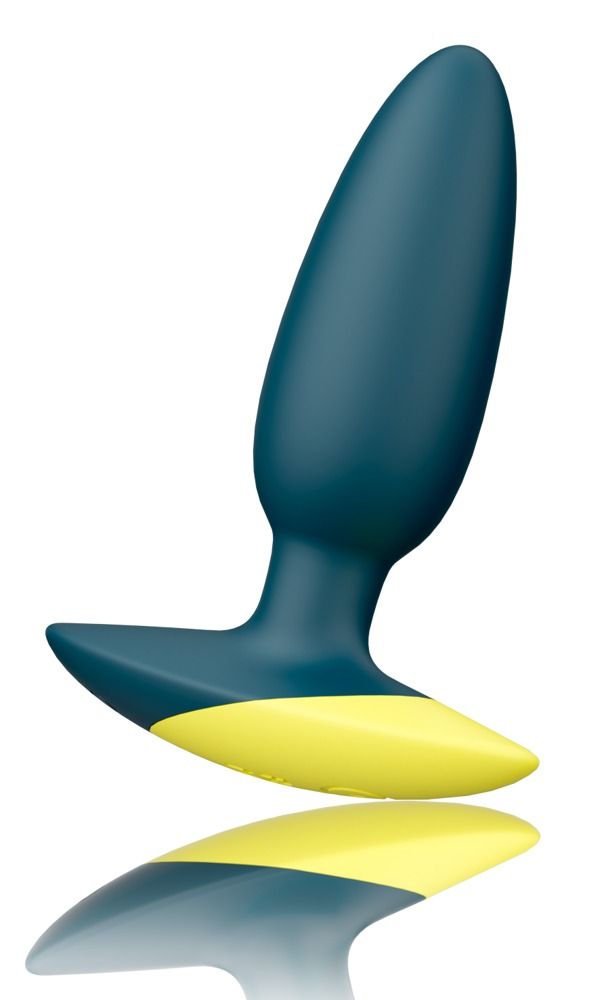 Analplug, blau-gelb. Kegelförmiger Schaft, flache Basis. Gelbe Basis, blaue Spitze. Spiegelung.