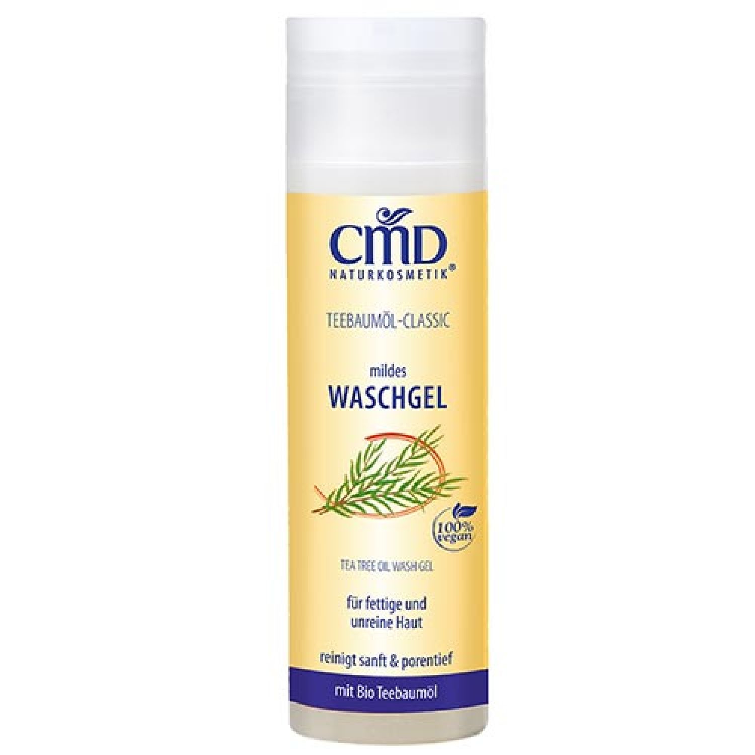 Flasche CMD Naturkosmetik Waschgel. Gelb-weißes Etikett mit Text und Teebaum-Illustration. Vegan-Siegel.