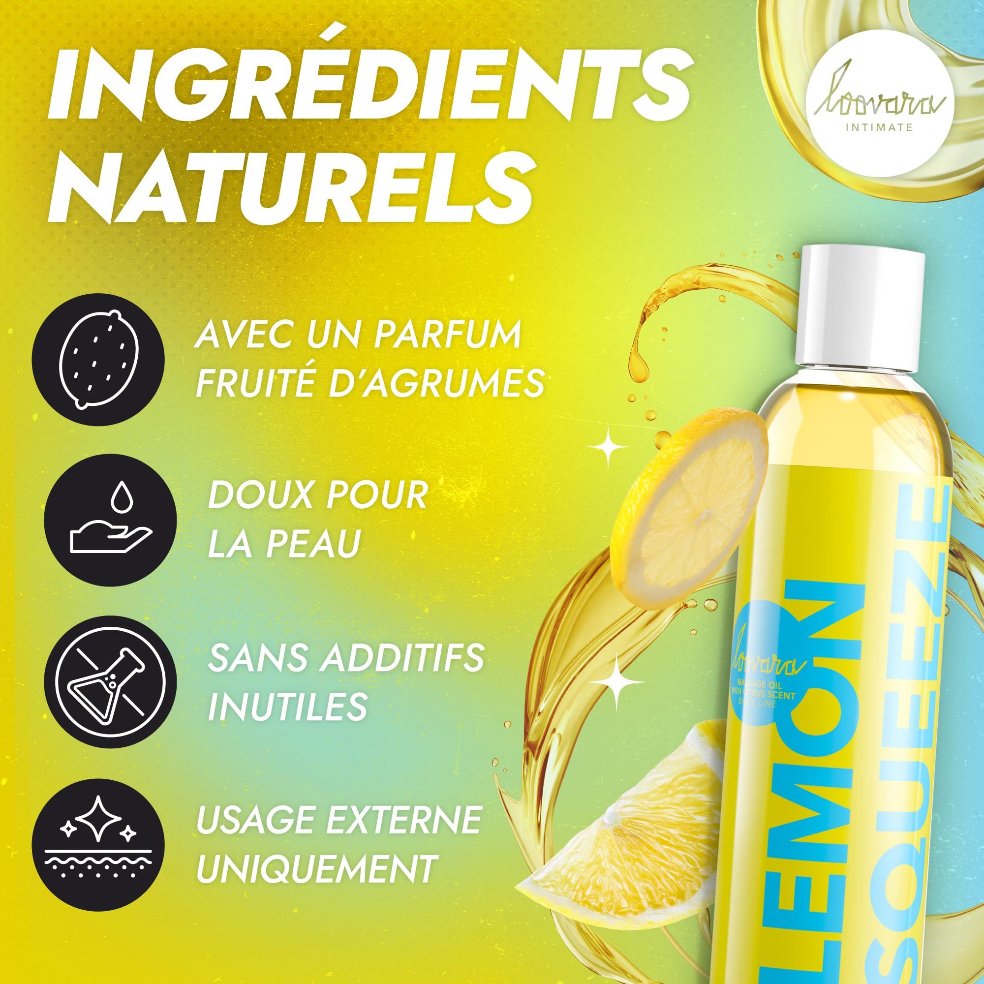 Flasche Loovara Lemon Squeeze Massageöl mit Symbolen für natürliche Inhaltsstoffe.