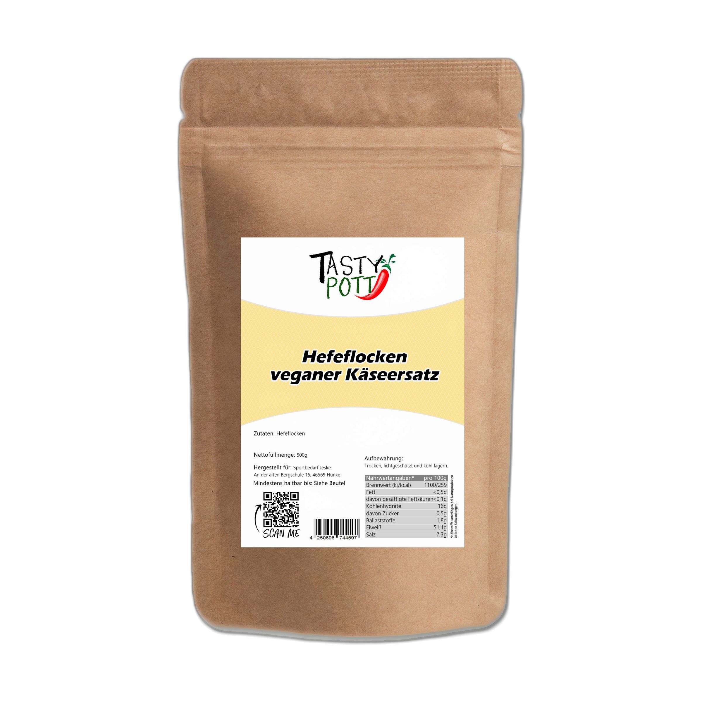 Braune Papiertüte mit "Tasty Pott" Logo und Aufschrift "Hefeflocken veganer Käseersatz". Nährwertangaben sichtbar.