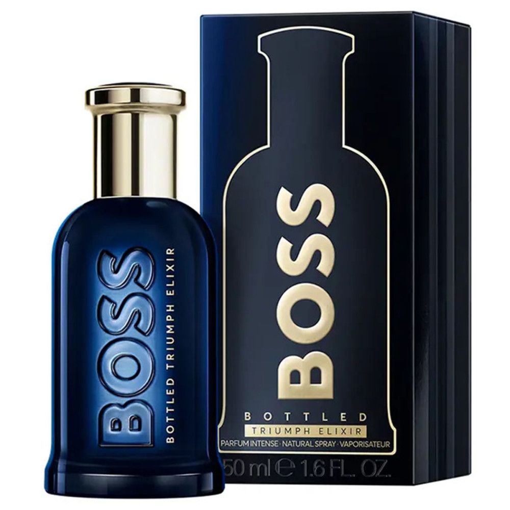 Dunkelblauer Flakon und Verpackung. Goldfarbene BOSS-Schriftzug. Aufschrift: BOTTLED TRIUMPH ELIXIR. 50 ml.