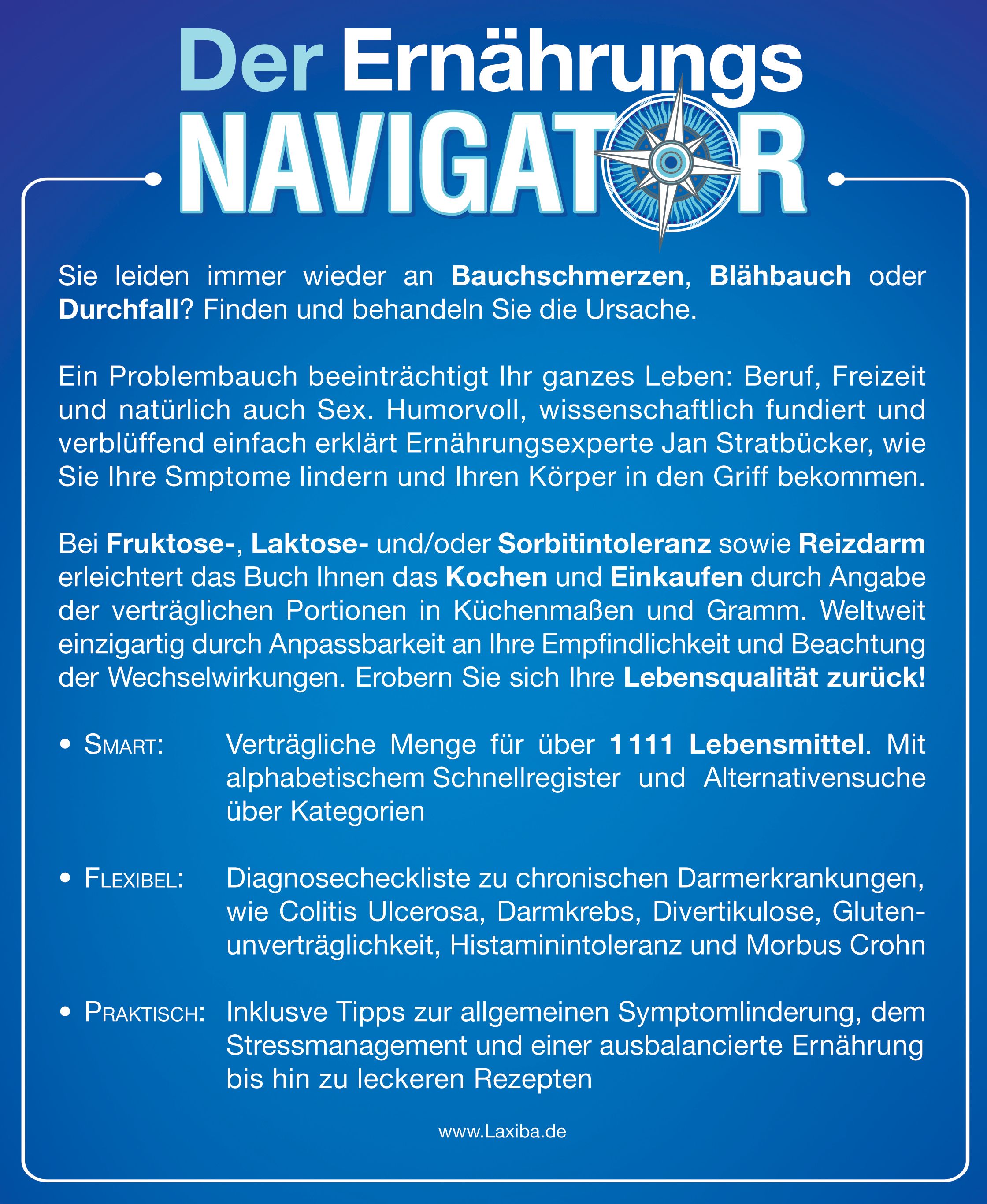 Werbeplakat für "Der Ernährungsnavigator". Text über Bauchschmerzen, Blähbauch und Durchfall. Informationen zu Inhaltsstoffen und Kategorien.