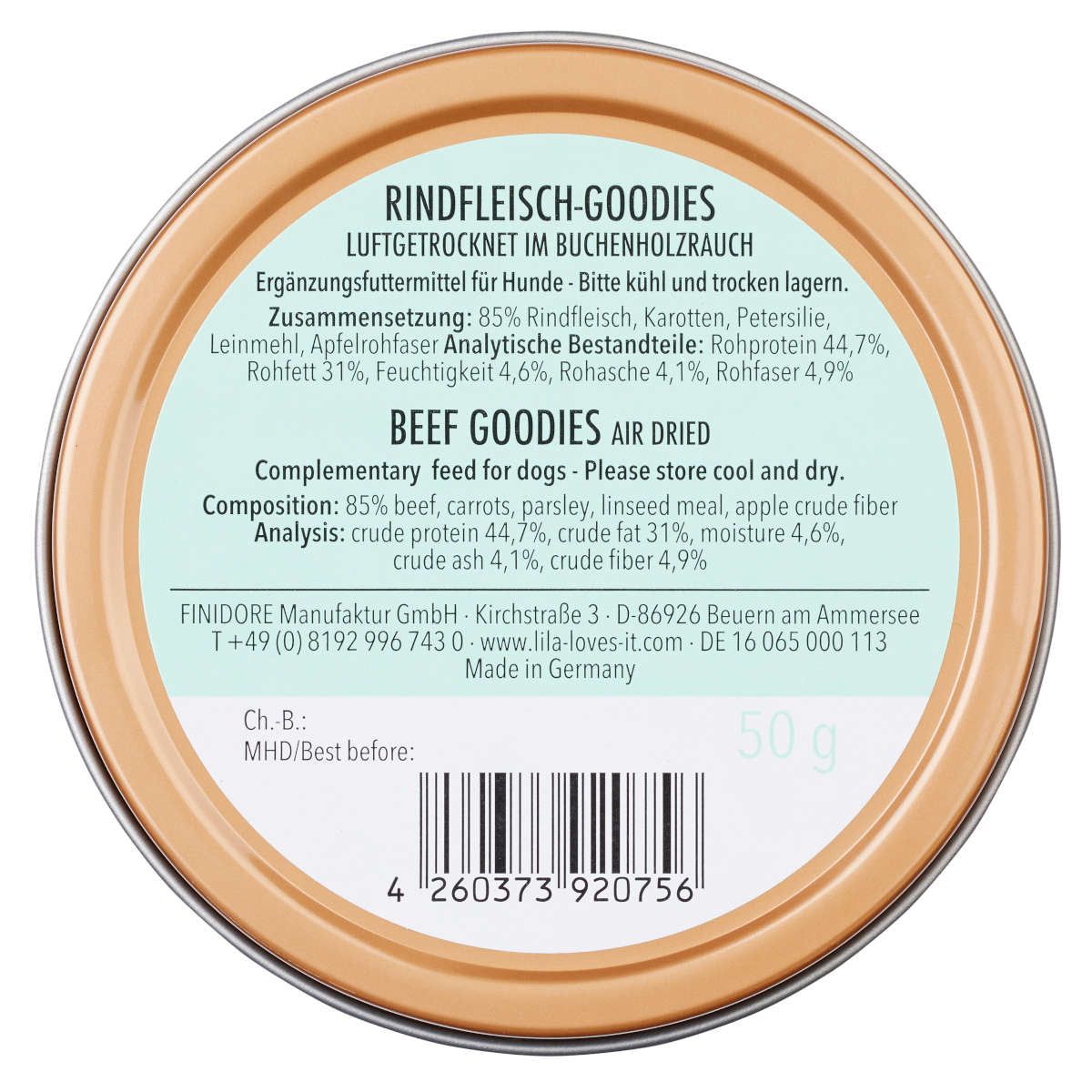 Dosenboden mit Produktinformationen. Aufschrift: Rindfleisch-Goodies, Beef Goodies. Zutatenliste, Nährwertangaben, Herstelleradresse, Barcode.