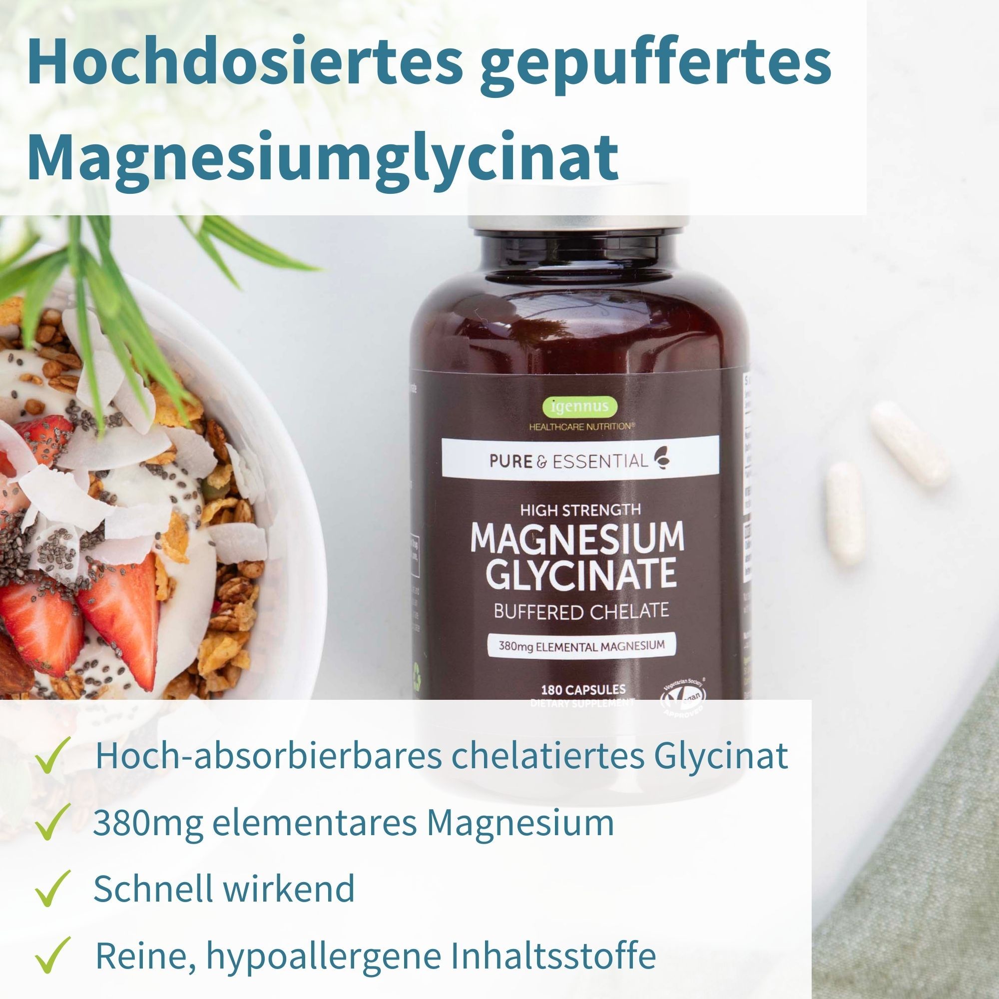 Igennus Magnesium Bisglycinat Gepuffert & Chelatiert, 380mg Elementares Hochdosiertes, Clean Label