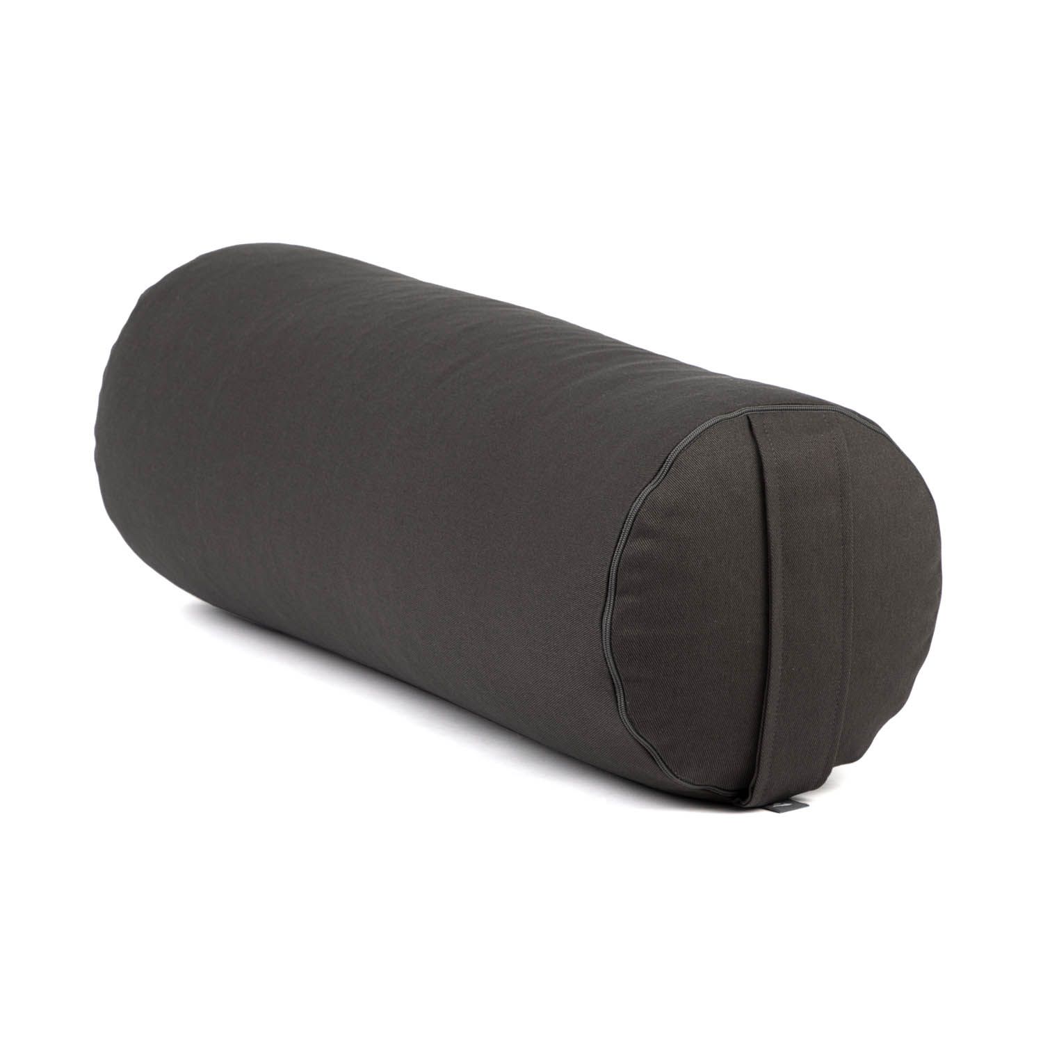 Anthrazitfarbenes, zylindrisches Yoga-Bolster. Mit Trageschlaufe. Schräge Ansicht.