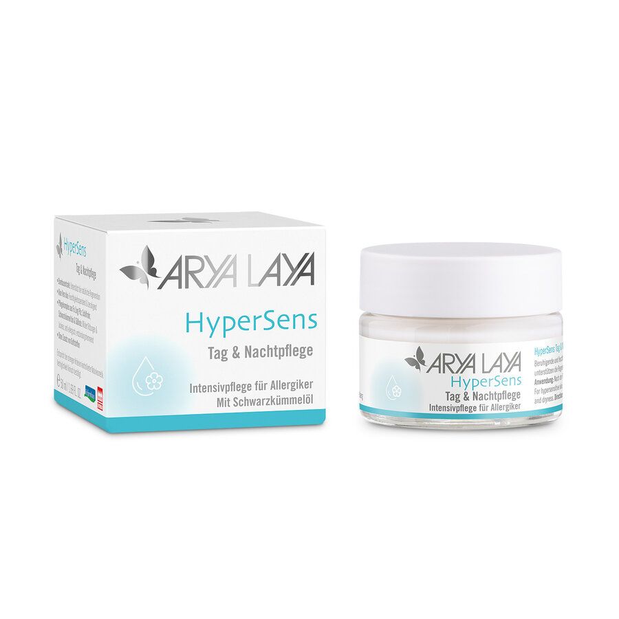Arya Laya HyperSens Tag & Nachtpflege Intensivpflege für Allergiker mit Schwarzkümmelöl in einem weißen Tiegel und Faltschachtel.