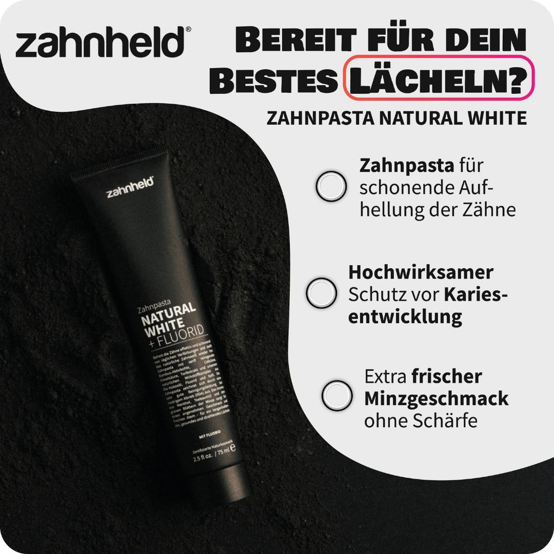 Zahnheld Zahnpasta Natural White Tube mit Text und Icons, die Aufhellung und Kariesschutz hervorheben.