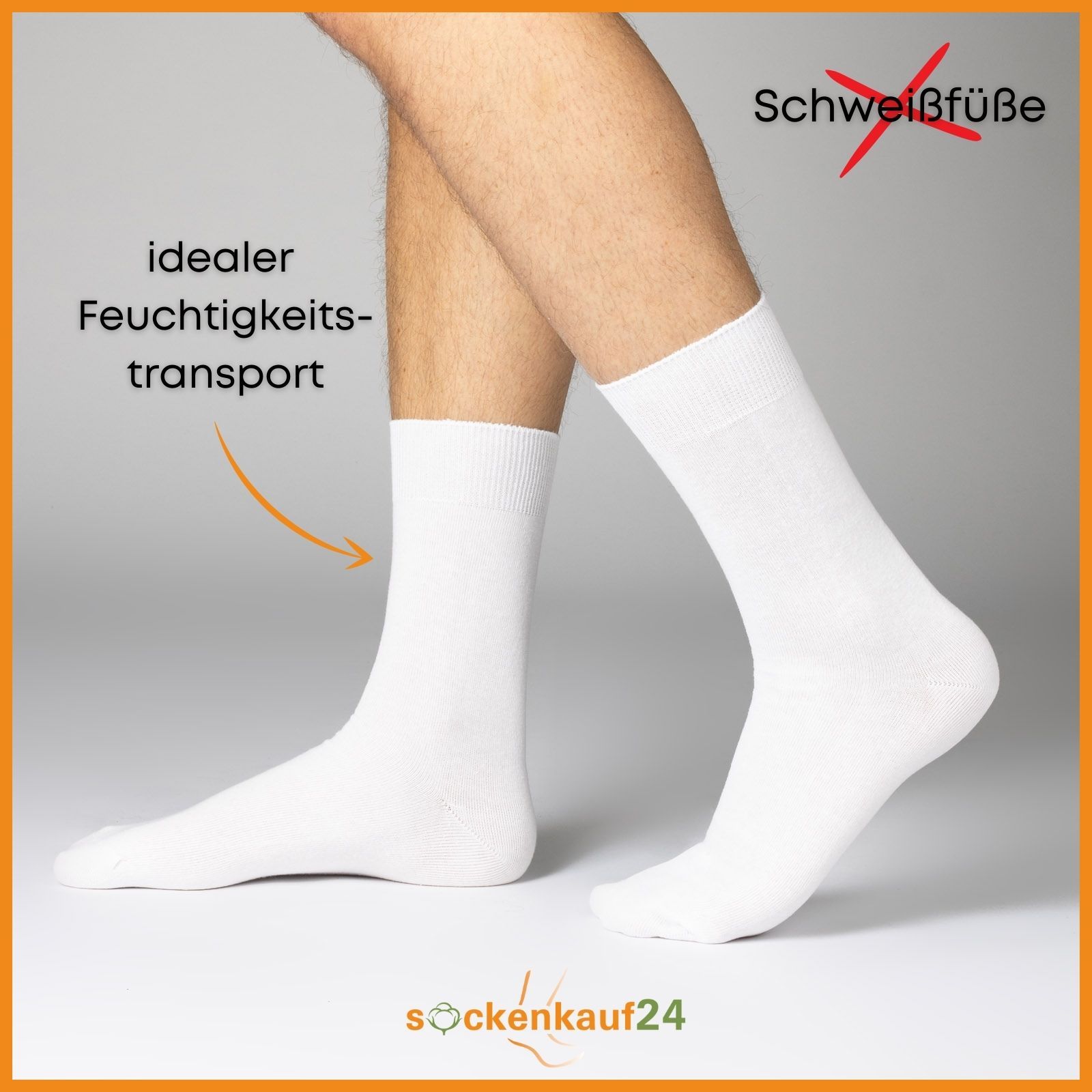 Person trägt weiße Socken. Text: "idealer Feuchtigkeitstransport" und "Schweißfüße" mit einem durchgestrichenen Symbol.
