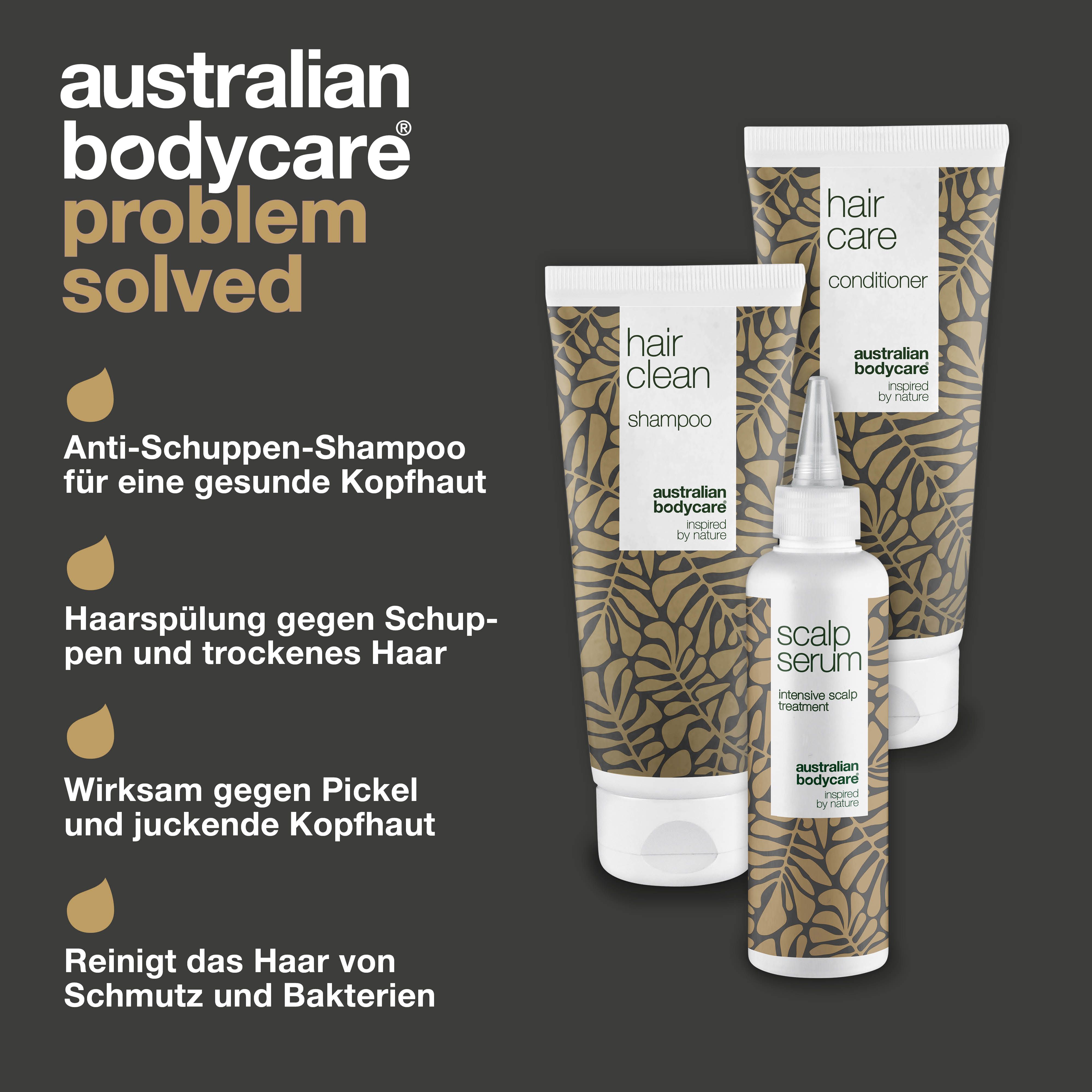 Problem gelöst. Shampoo, Conditioner und Serum. Weiße Flaschen mit braunem Blattmuster. Australian Bodycare.