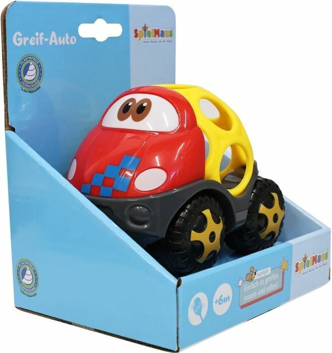 Spielmaus Greif-Auto in Verpackung. Rotes und gelbes Auto mit schwarzen Reifen. Blaue Verpackung mit Logo.