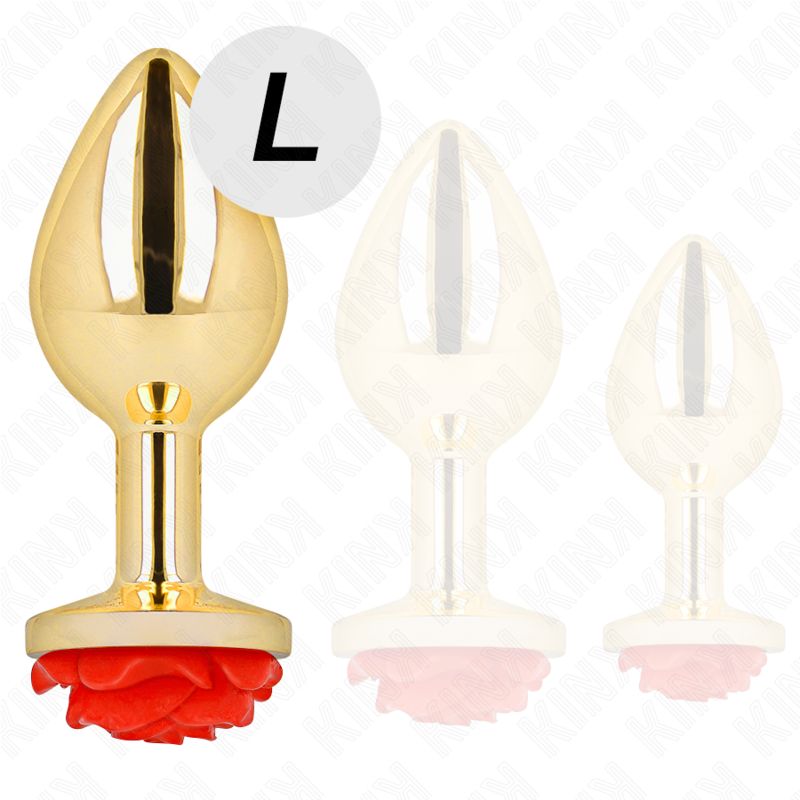 Goldener Analplug mit roter Rose, Größenvergleich L.