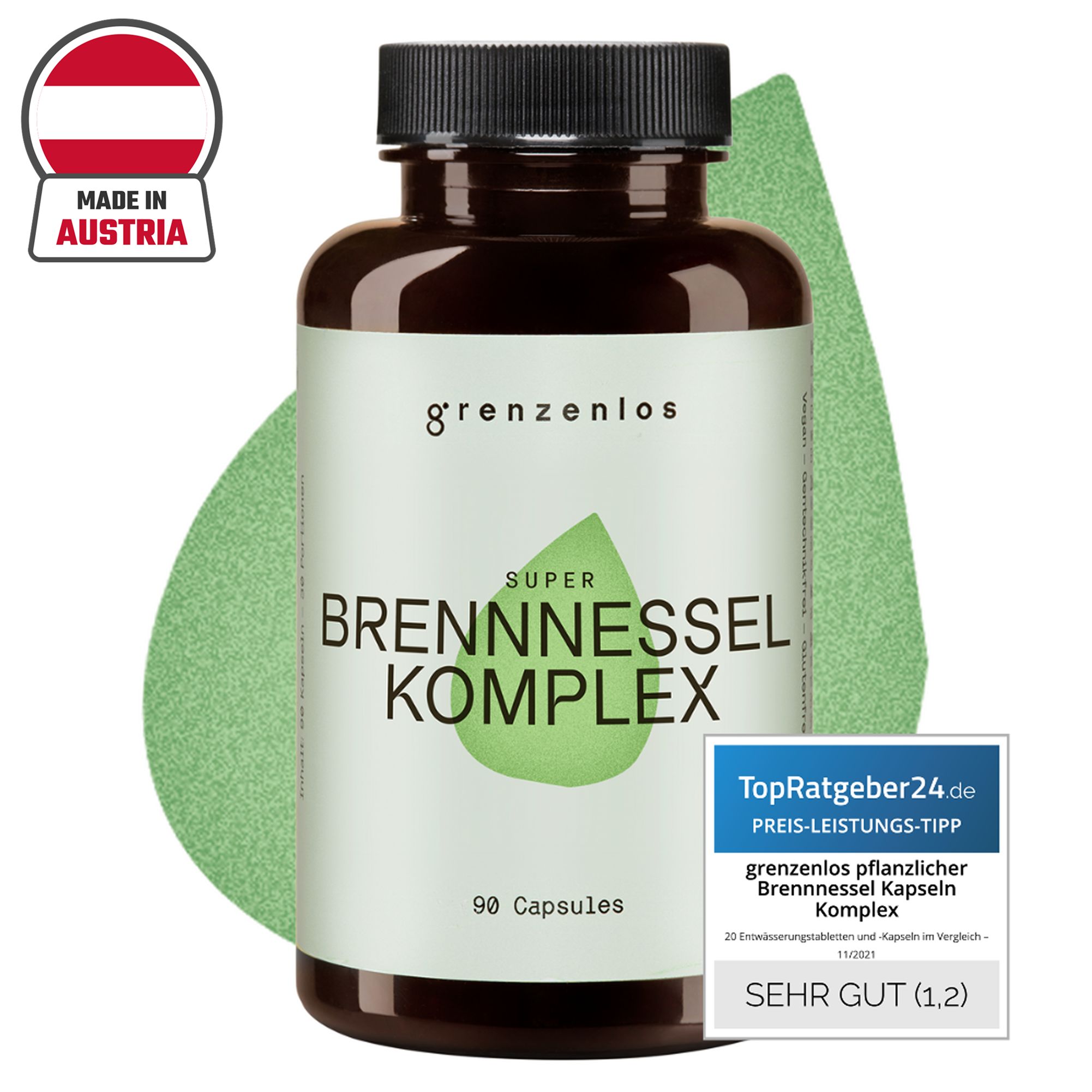 Braune Flasche mit schwarzen Deckel. Aufschrift: Super Brennnessel Komplex. 90 Kapseln. Siegel: Made in Austria. TopRater24.de.