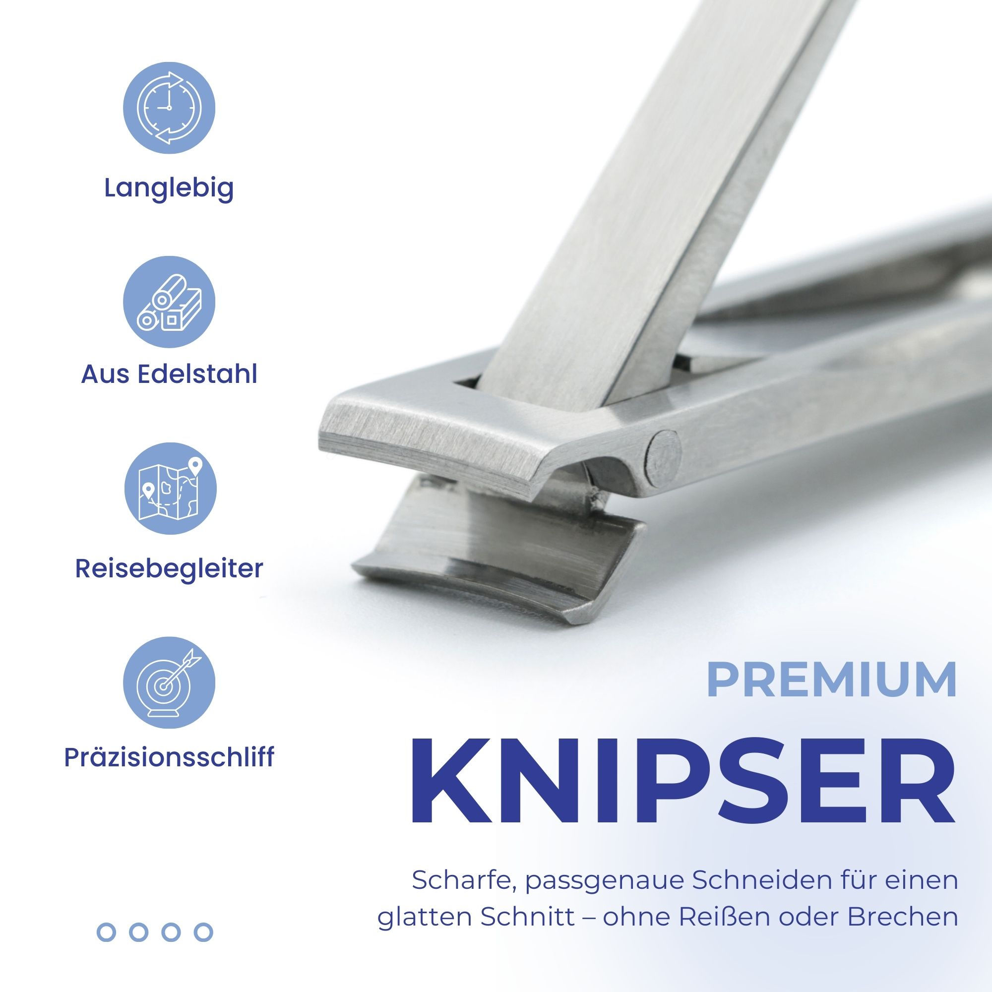 Nahaufnahme eines silbernen Nagelknipsers aus Edelstahl mit Präzisionsschliff und langer Haltbarkeit.