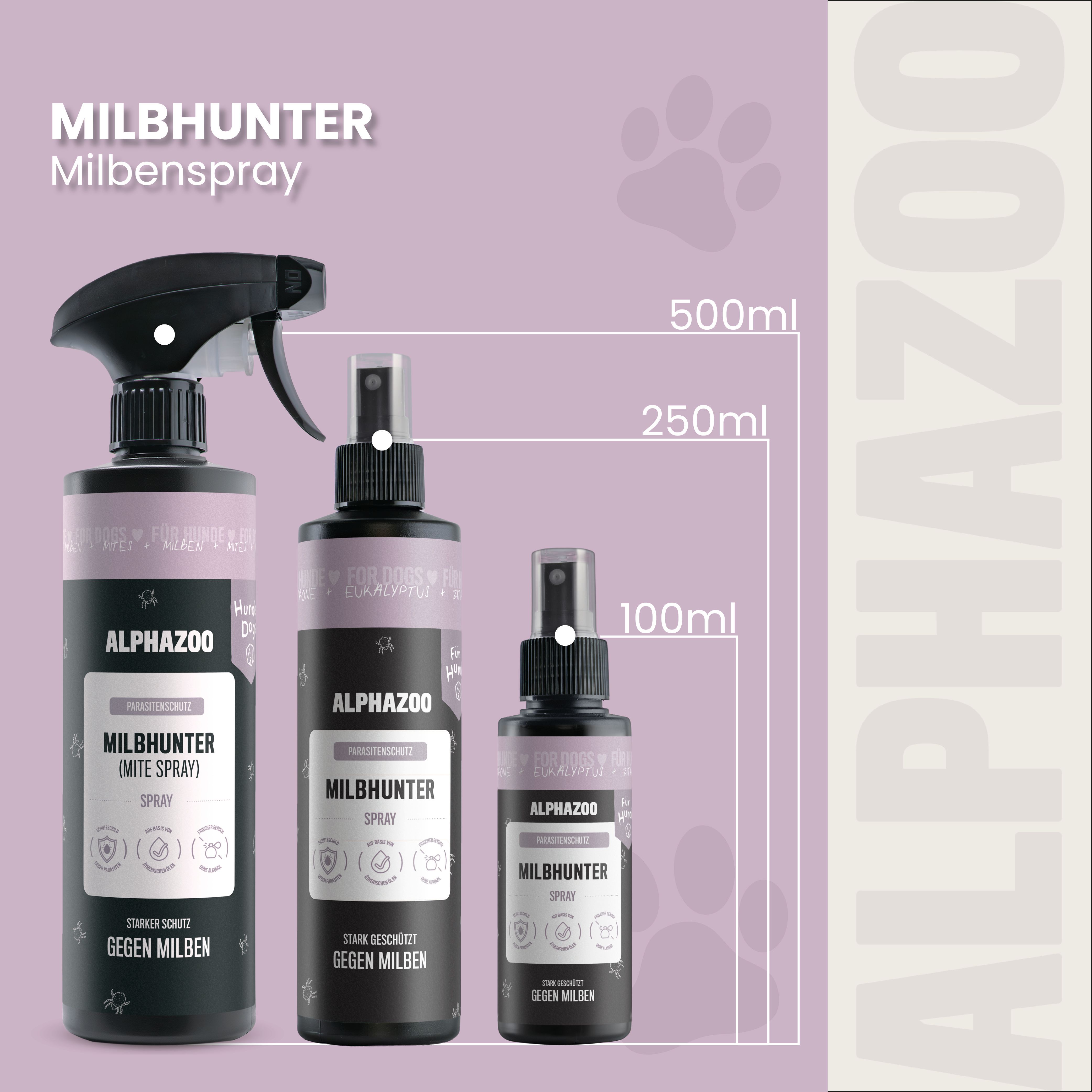 Drei Sprühflaschen ALPHAZOO MilbHunter Milbenspray. Größen: 500ml, 250ml, 100ml. Schwarze Flaschen mit Sprühkopf.