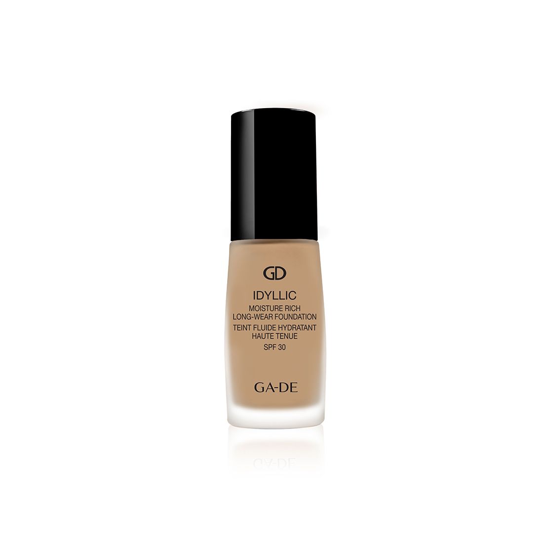 Flüssige Foundation-Flasche. Schwarzer Deckel, transparente Basis. Aufschrift: IDYLLIC, MOISTURE RICH, LONG-WEAR FOUNDATION, SPF 30, GA-DE.