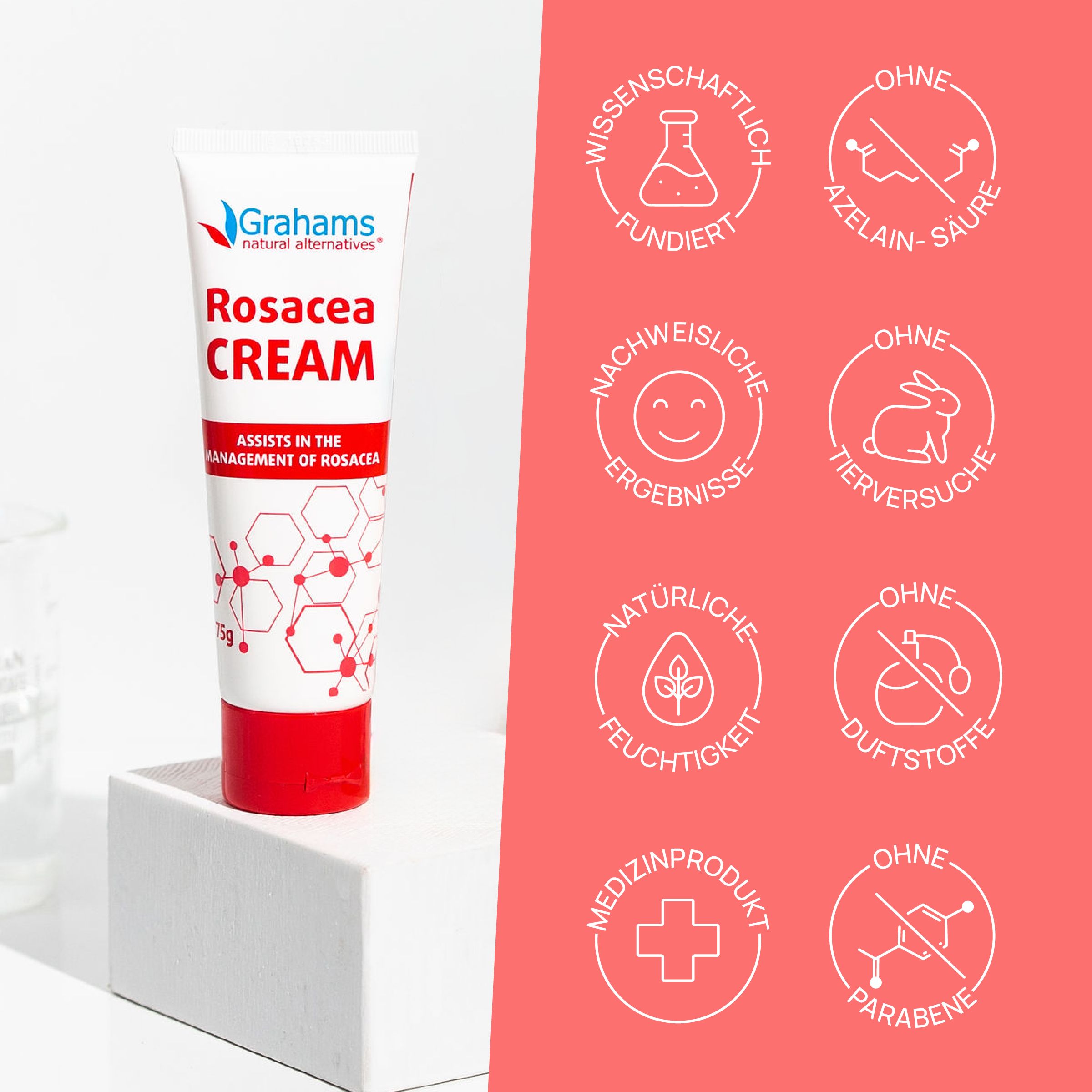 Creme-Tube mit rotem Deckel. Text: Grahams Rosacea CREAM. Hilft bei Rötungen und Reizungen.