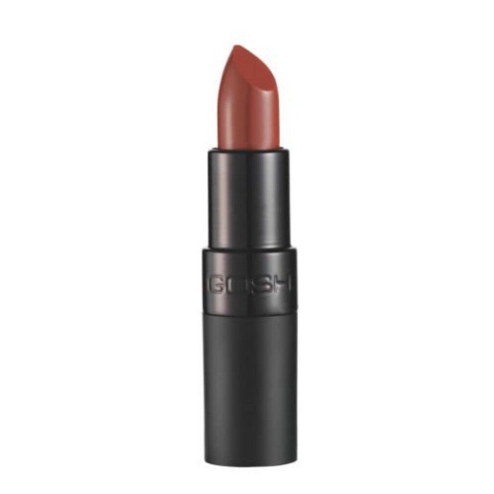 Gosh Lippenstift mit schwarzem Gehäuse und braunem Farbton.