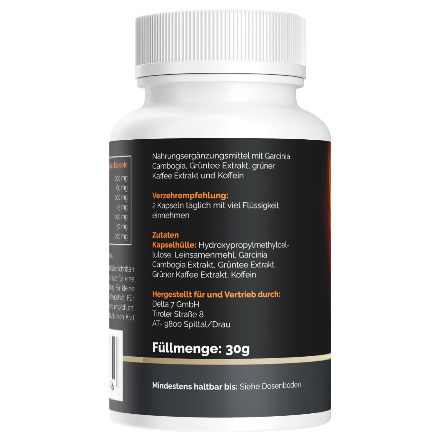 Rückseite einer weißen Flasche. Schwarzes Etikett mit Inhaltsstoffen, Verzehrempfehlung und Herstellerinformationen. Füllmenge: 30g.
