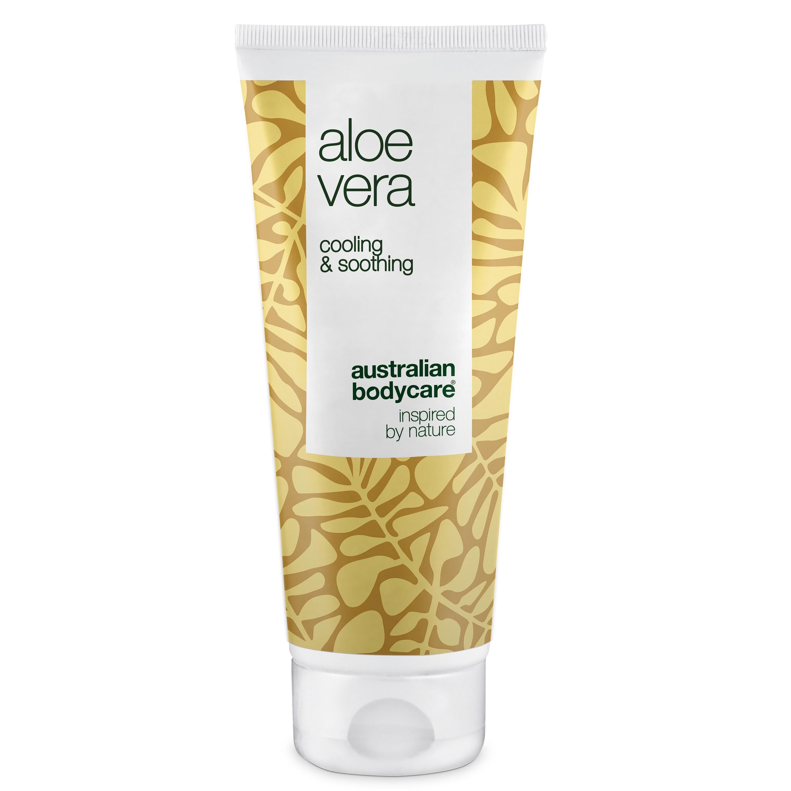 Weiß-gelbe Tube mit Aloe Vera Gel. Text: Aloe Vera, cooling & soothing, Australian Bodycare.