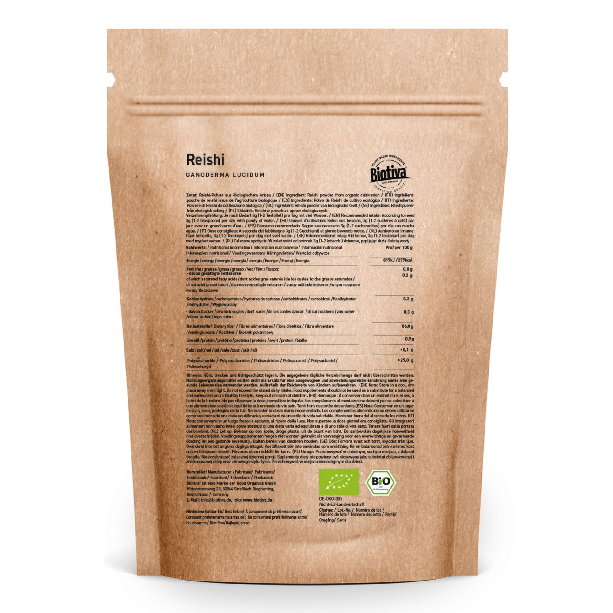 Rückseite des Biotiva Reishi Pulver Bio Beutels. Enthält Text und Bio-Siegel. Informationen zu Inhaltsstoffen und Nährwerten.