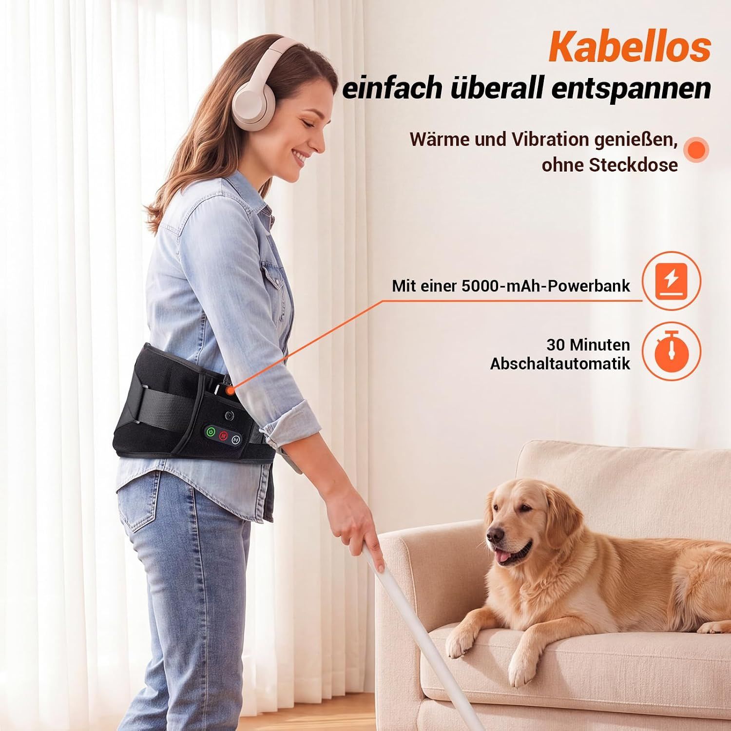 Nahaufnahme eines Rückenstützgürtels mit Vibrationsmodulen und roten Heizelementen.