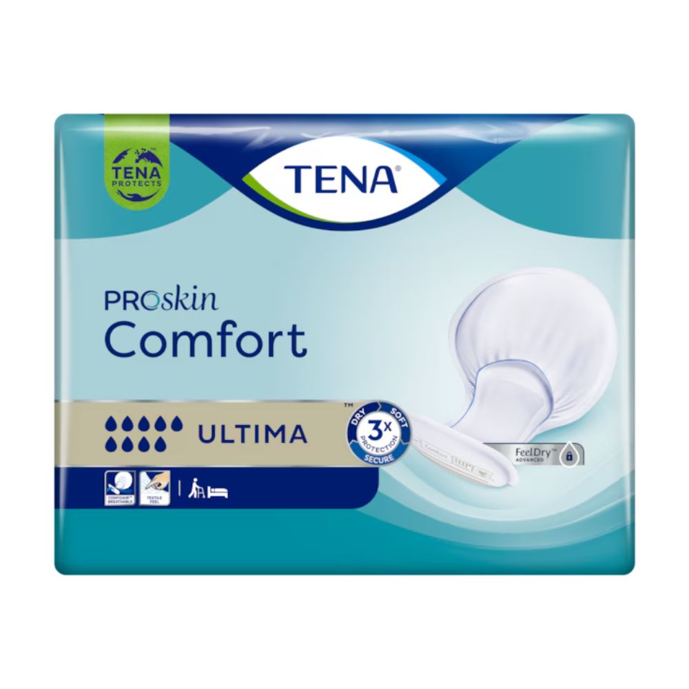 Verpackung von TENA Comfort Ultima. Aufdrucke: ProSkin Comfort, Ultima, TENA, 3x Dry Secure, FeelDry. Abbildung eines Produkts.