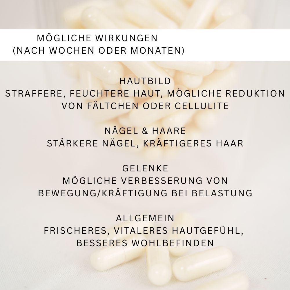 Text: COLLAGEN IST EIN STRUKTURPROTEIN - wichtig für Haut, Haare, Nägel, Bindegewebe, Gelenke und Knochen. Kapseln.
