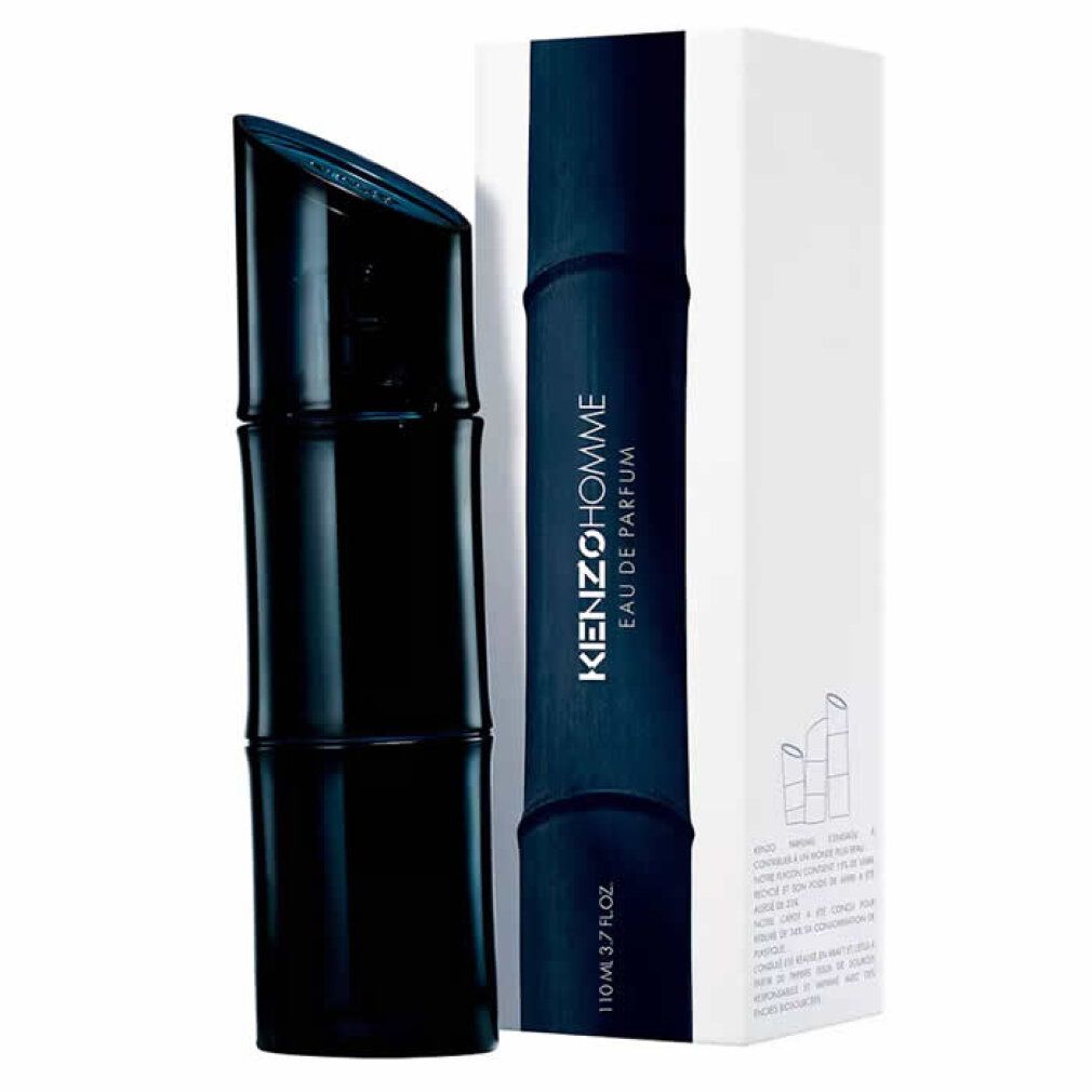 Dunkelblaue Flasche und Verpackung. Auf der Verpackung steht KENZO HOMME Eau de Parfum.
