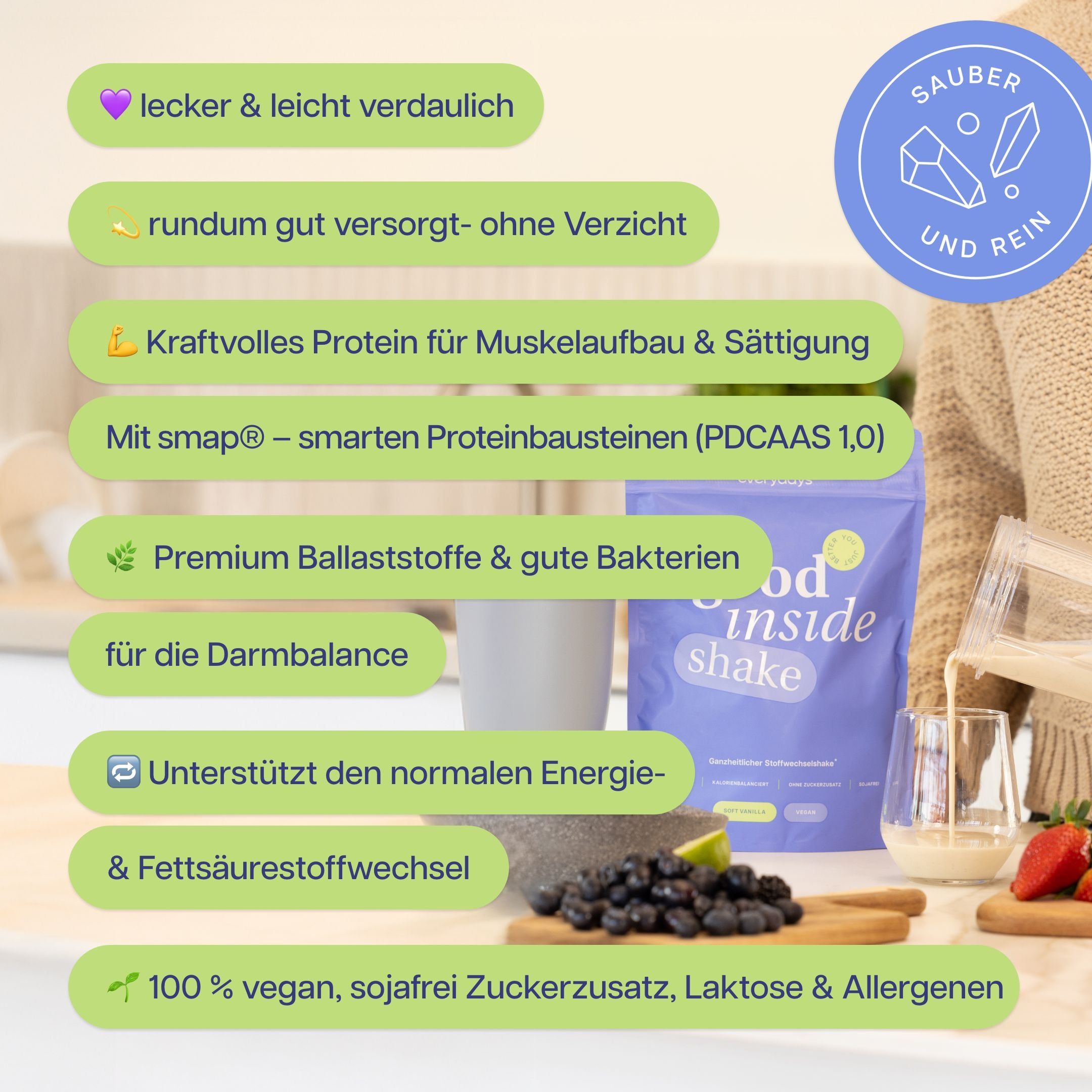 Good Inside Shake Packung mit Liste von Vorteilen und Inhaltsstoffen.
