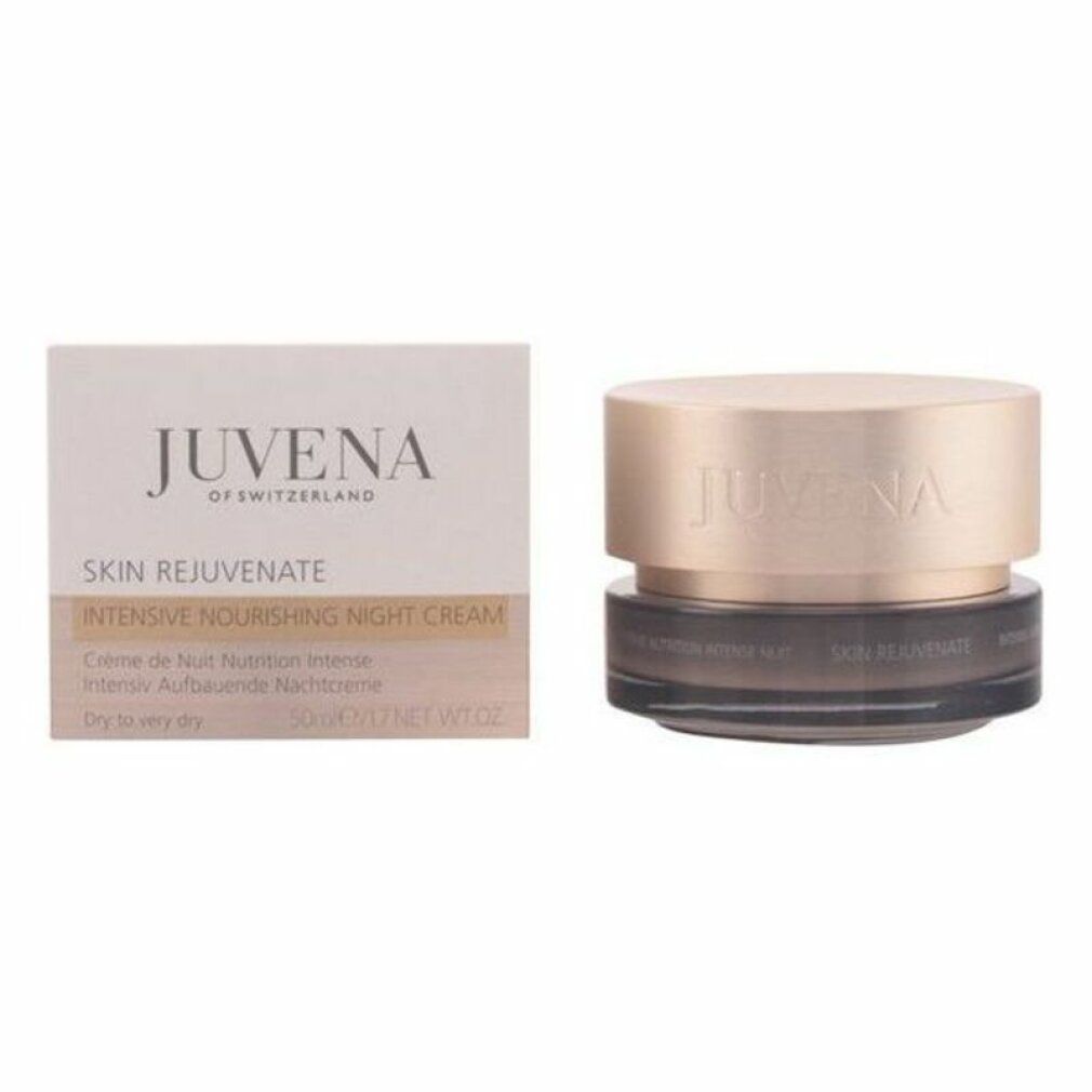 Creme-Tiegel und Schachtel. Aufschrift: JUVENA OF SWITZERLAND, SKIN REJUVENATE, INTENSIVE NOURISHING NIGHT CREAM. Schachtel: Text in mehreren Sprachen.