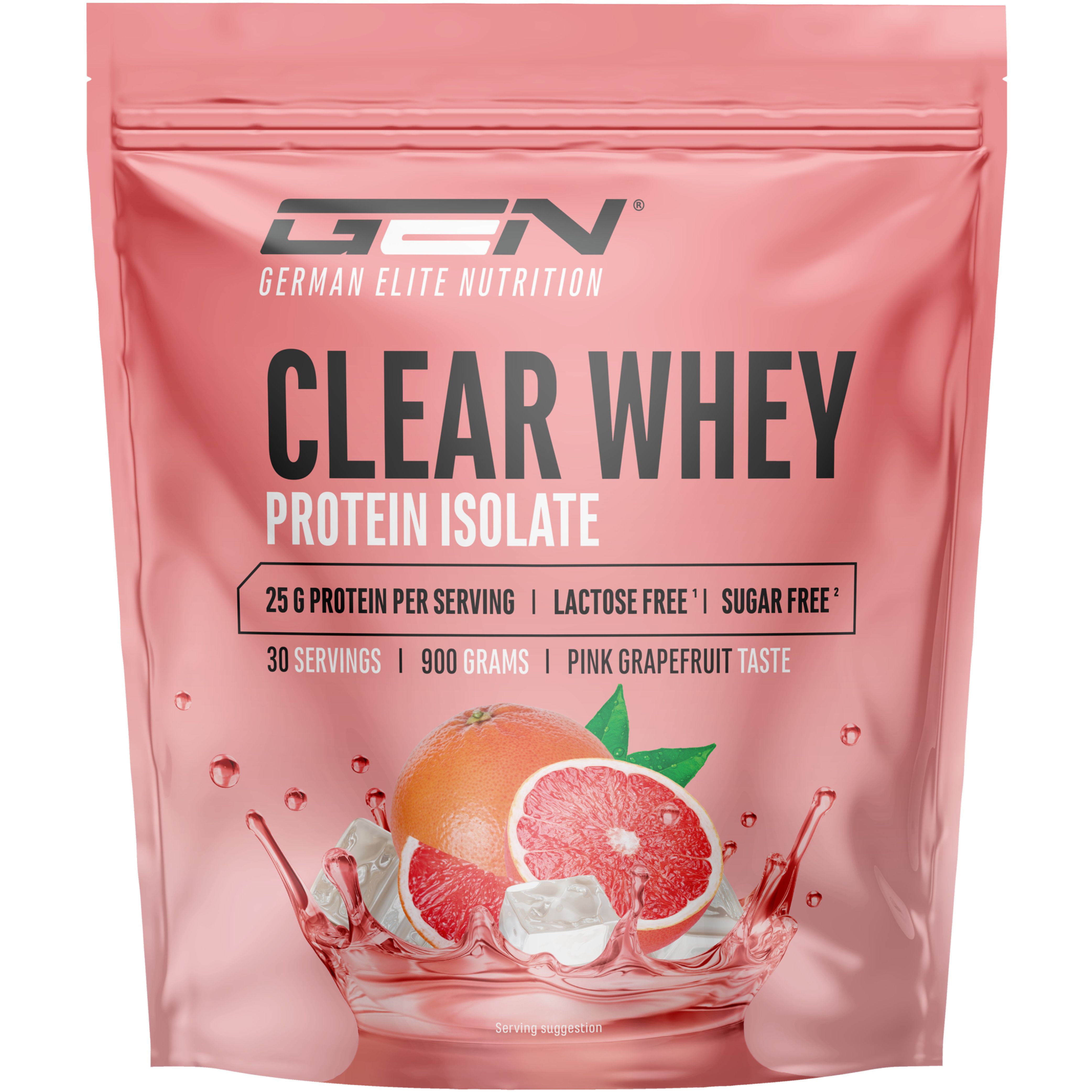 Rosa Beutel mit "GEN Clear Whey Protein Isolat". Enthält 25g Protein pro Portion, laktosefrei, zuckerfrei. Abbildung von Grapefruit.