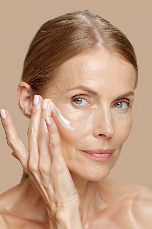 Frau trägt Creme auf ihr Gesicht auf. Helle Haut, blonde Haare, beige Hintergrund.