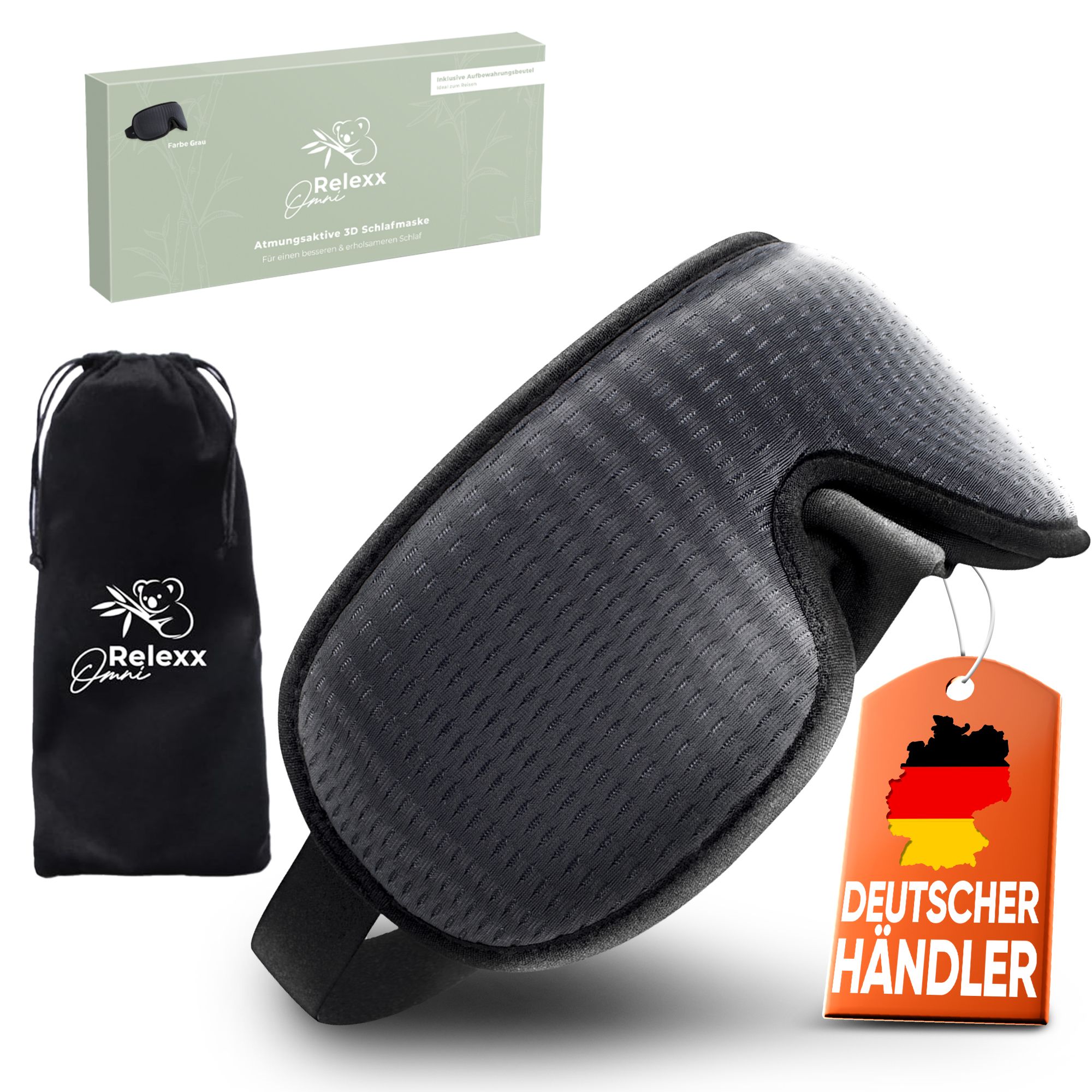 Graue Schlafmaske mit Reisebeutel und Verpackung. Label mit deutschem Flaggen-Symbol. Marke OmniRelexx.