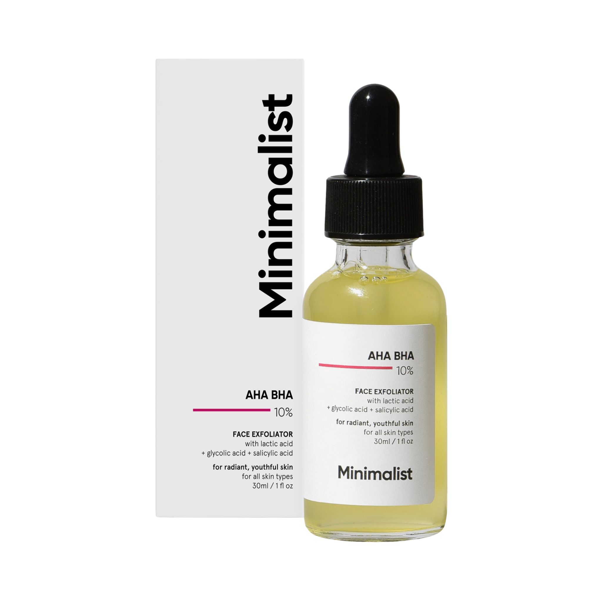 Serumflasche mit Pipette und Verpackung. Aufschrift: AHA BHA 10%, Minimalist. Enthält Milchsäure und Salicylsäure.
