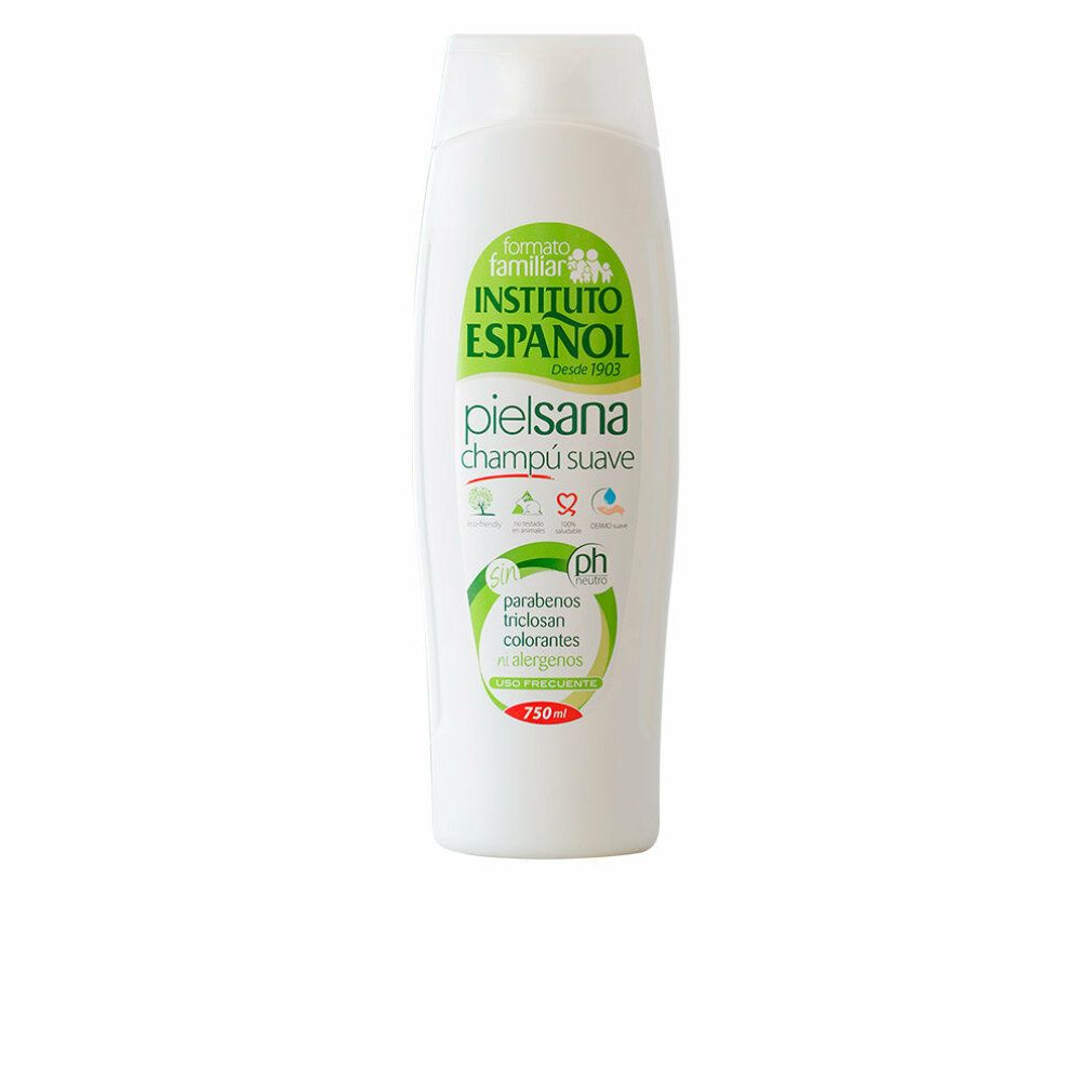 Weiße Flasche Mildes Shampoo mit grüner und weißer Beschriftung. Enthält Symbole für pH-Wert und hypoallergene Eigenschaften.