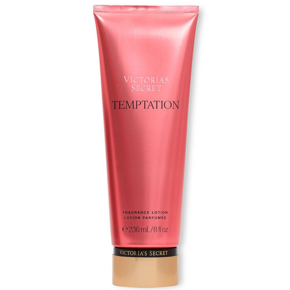Rosa Tube mit Text: Victoria's Secret Temptation. Schwarzer Deckel, goldener Ring. 236ml/8 fl oz.