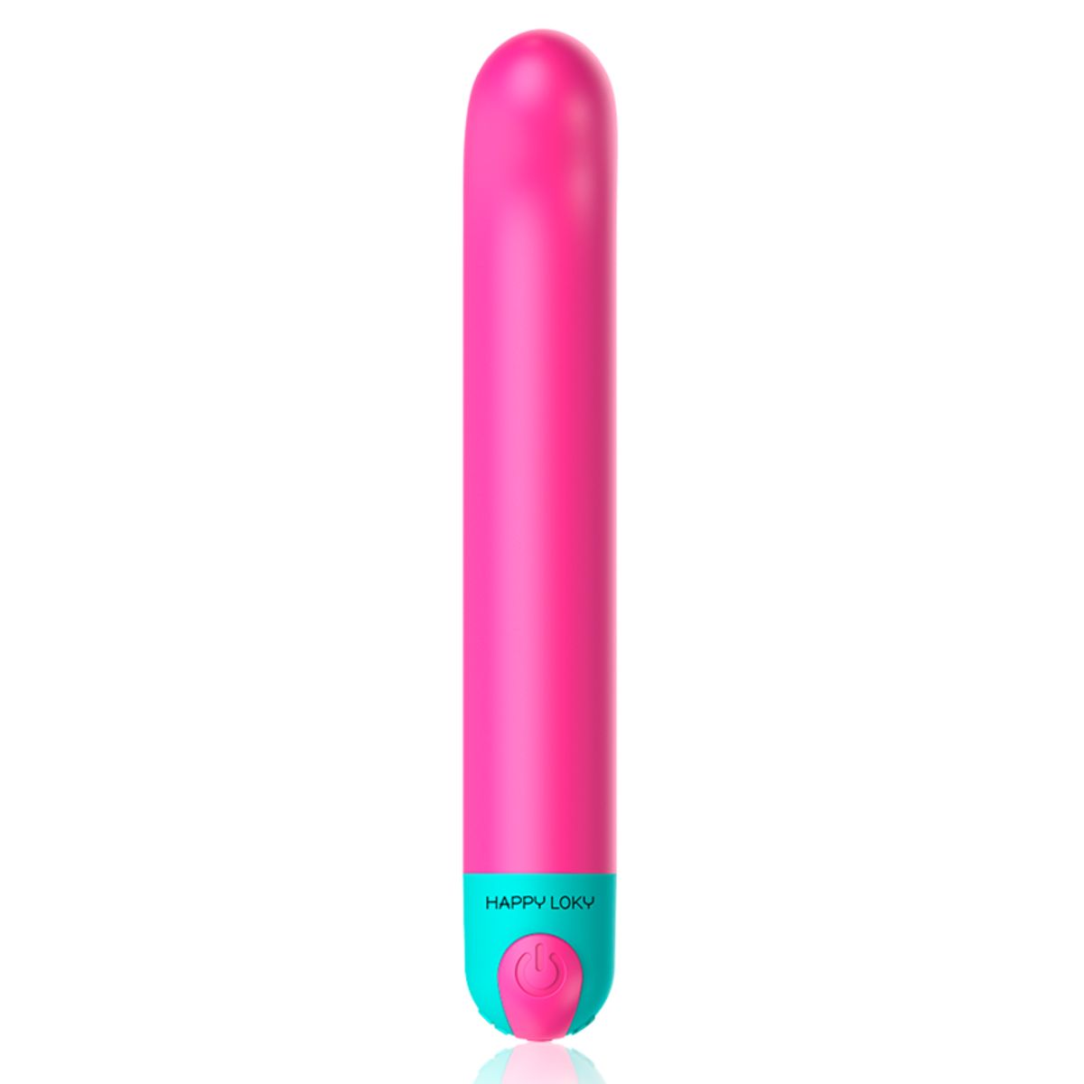 Zylindrischer Vibrator, pink und türkis. Aufschrift: HAPPY LOKY. Power-Taste.